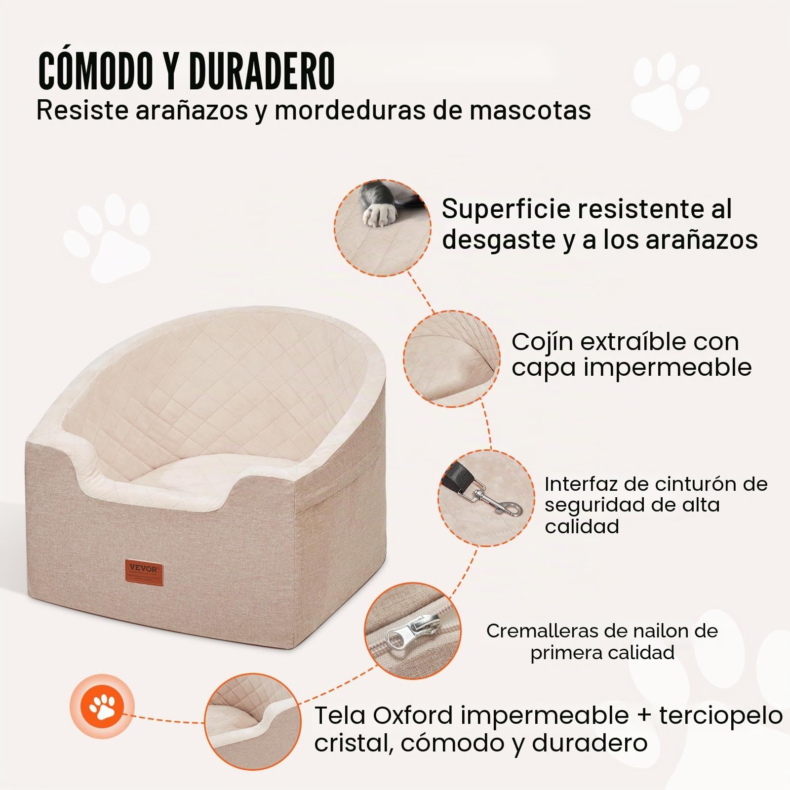 VEVOR Asiento de Coche para Perros 25 kg Asiento Elevado Impermeable para Mascotas con Respaldo Bolsillo de Almacenamiento Correa de Seguridad con Clip Acolchado de Esponja para Coche, Marrón