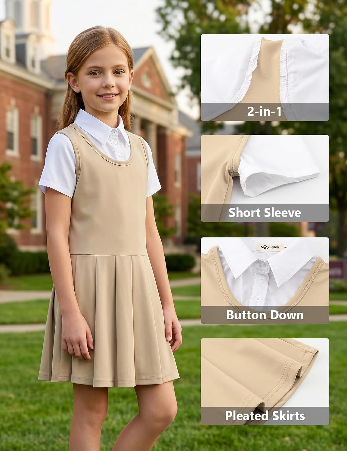 Noomelfish Girls 2 in 1 School Uniform Dress Short Sleeve Pleated Jumper Button Down Shirts Dresses (5-12 Years)