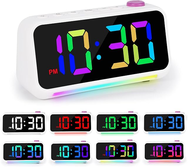 SZELAM Digital Alarm Clock with 7 Colors Night Lights,Kids Alarm Clocks with 7 Colors Big Number, Adjustable Volume,12/24H,Snooze, Mains Powered Portable Alarm clocks bedside for Bedroom, Room Decor