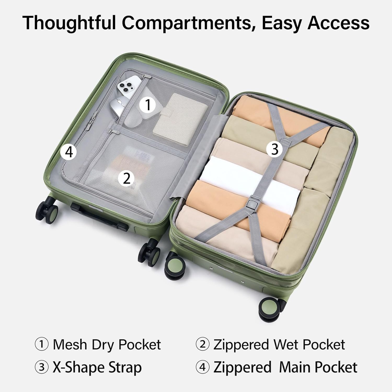 Hanke Expandable Carry On Luggage 22x14x9 Airline Approved, 20 Inch Hardside Luggage with Spinner Wheels, All-PC Hard Shell Carry-On Suitcase, Lightweight & TSA Approved (Bamboo Green, 46L)