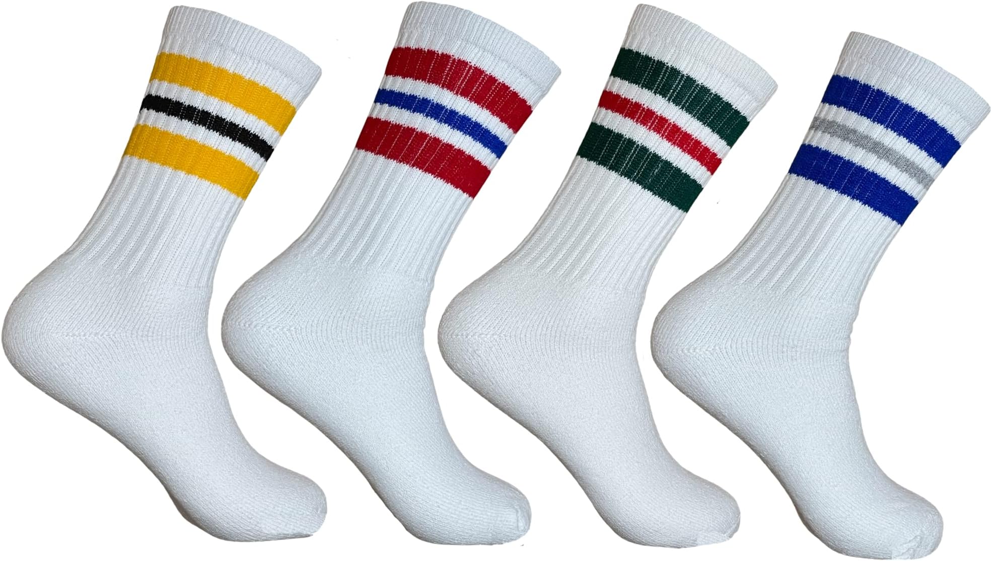 Striped Crew Socks - Retro Mens Striped Socks - Stripe Cotton Gym Socks for Men - 4 Pairs Pack Size 10-13