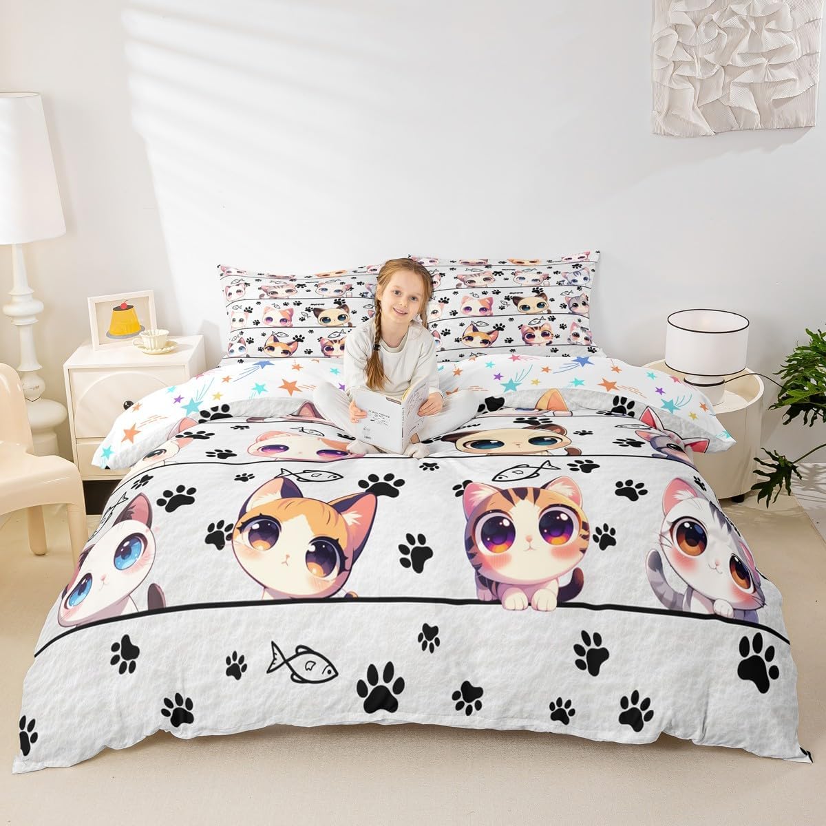 Cartoon Animals Duvet Cover Set Toddler Size,Cat Kitten Kitty Pet Pink Bedding Set,Kawaii Cute Cat Quilt Cover for Kids,Comforter Cover(No Filler),2 Pcs