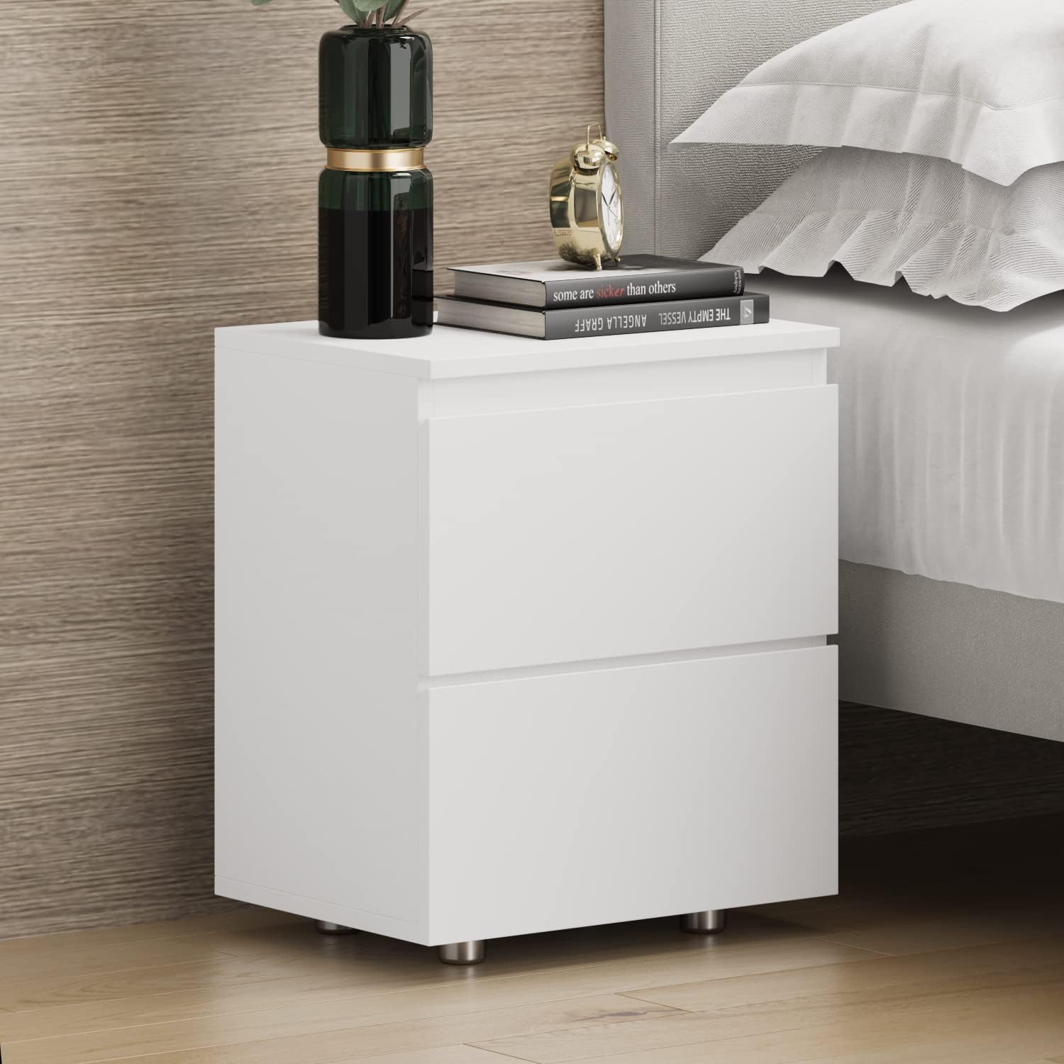 Nightstand with 2 Drawers, Modern Bedroom End Table with No Handle, Wooden Bedside Storage Cabinet, White 15.7" W x 18.9" H