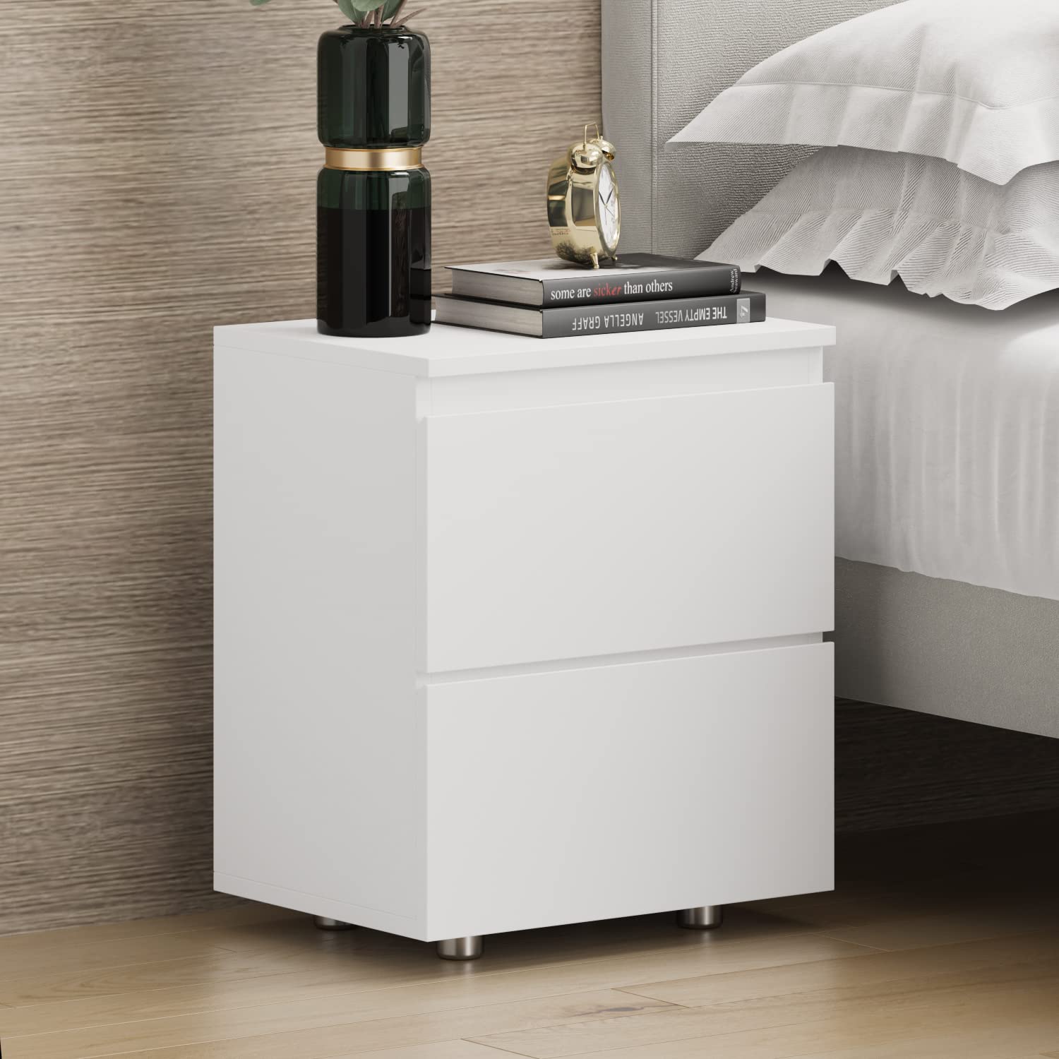 Nightstand with 2 Drawers, Modern Bedroom End Table with No Handle, Wooden Bedside Storage Cabinet, White