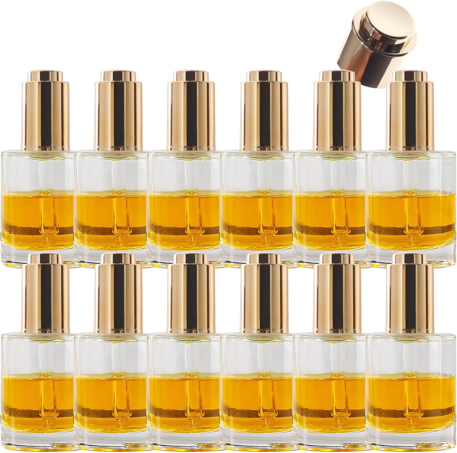 50ml Straight Shoulder Glass Drip Bottle, with Electrically Plated Shiny Gold Concave Step Cover, Threaded 18/415, Suitable for Essential Oils, Leak Proof Travel, Set of 12