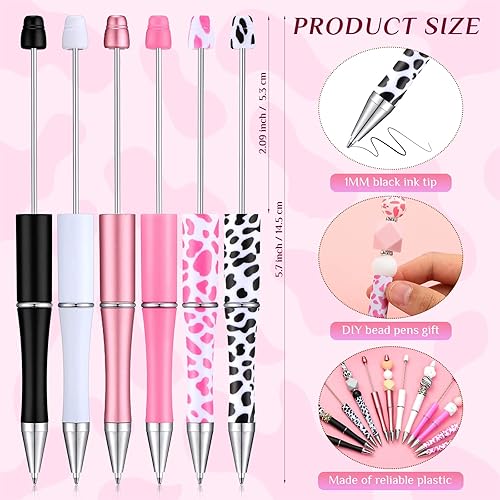 Miniatura 2 de 24 bolígrafos con cuentas con estampado de vaca para el regreso a clases, bolígrafos de plástico rosa con cuentas de tinta negra para estudiantes,