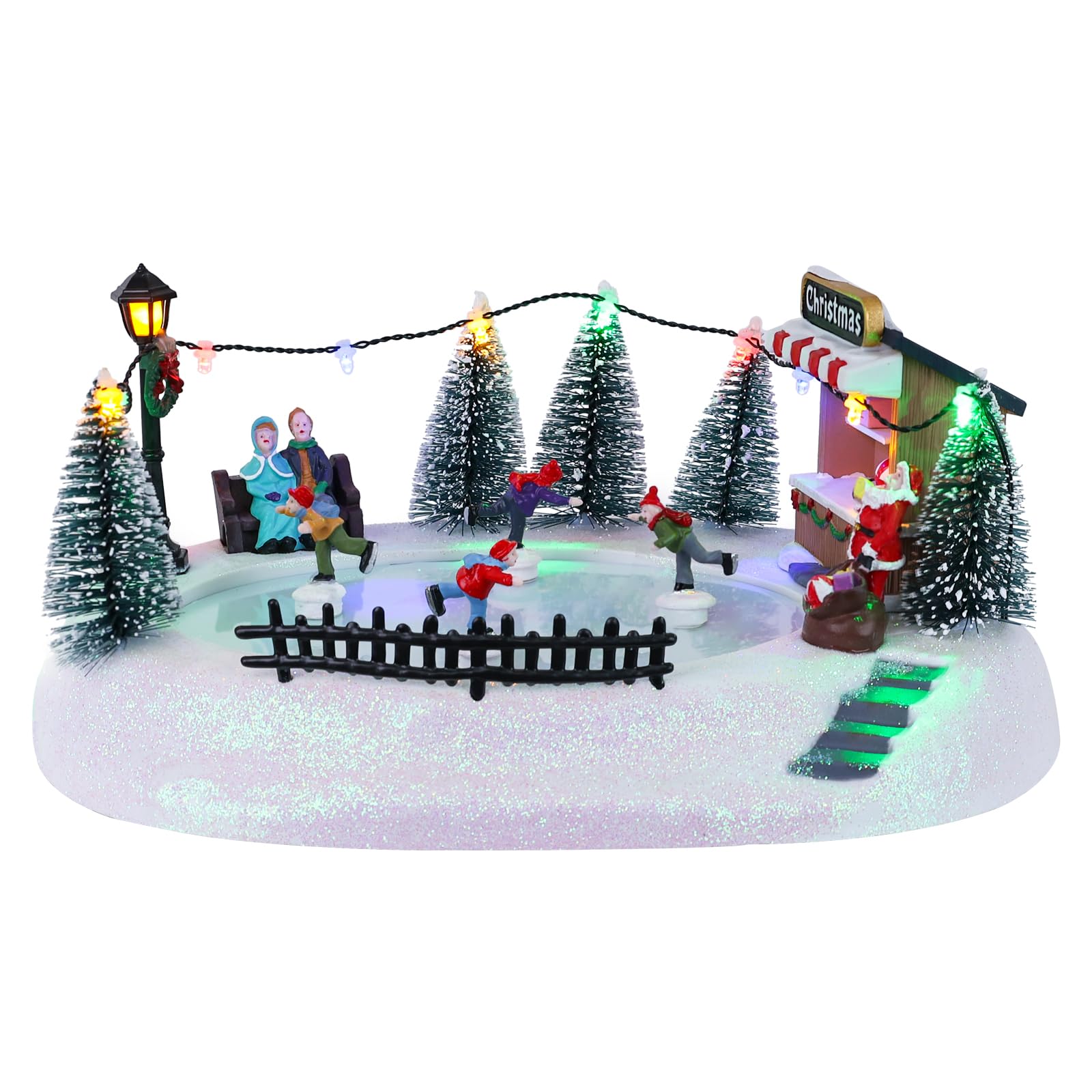 MEETYAMOR Weihnachtsdorfhaus, animierter Eislaufteich mit 4 beweglichen Skatern Schneeszene, beleuchtete Weihnachtslaufbahn für Zuhause, Innenbereich, Tischsims, musikalische Sammlergebäude, Dekor