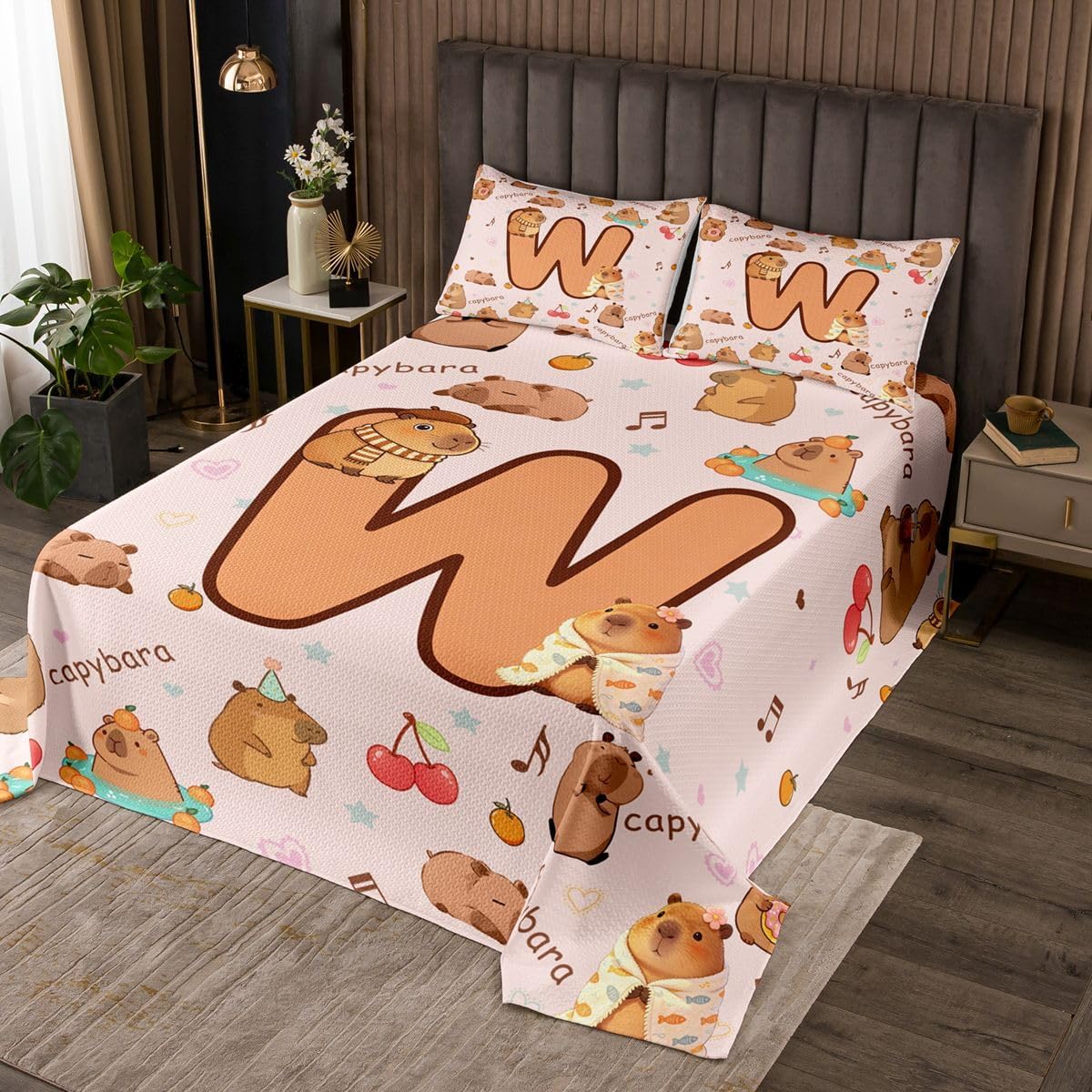 jejeloiu Cartoon Capybara Bedspread Twin Size Initial Letter V Coverlet Set Cute Animals Quilted Coverlet for All Season with 1 Pillowcase Capybara Lovers Microfiber Lightweight