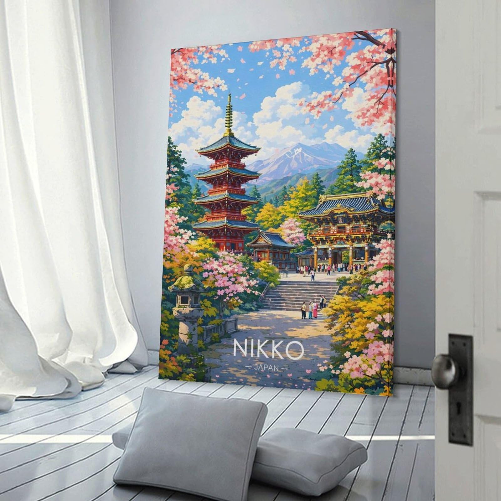 Junmoney Nikko Japan Pagoda And Cherry Blossoms Hanging Wall Art, 16x24inch(40x60cm), for Gallery Wall Decor And Room Displays, Home Wall Art for Statement Displays