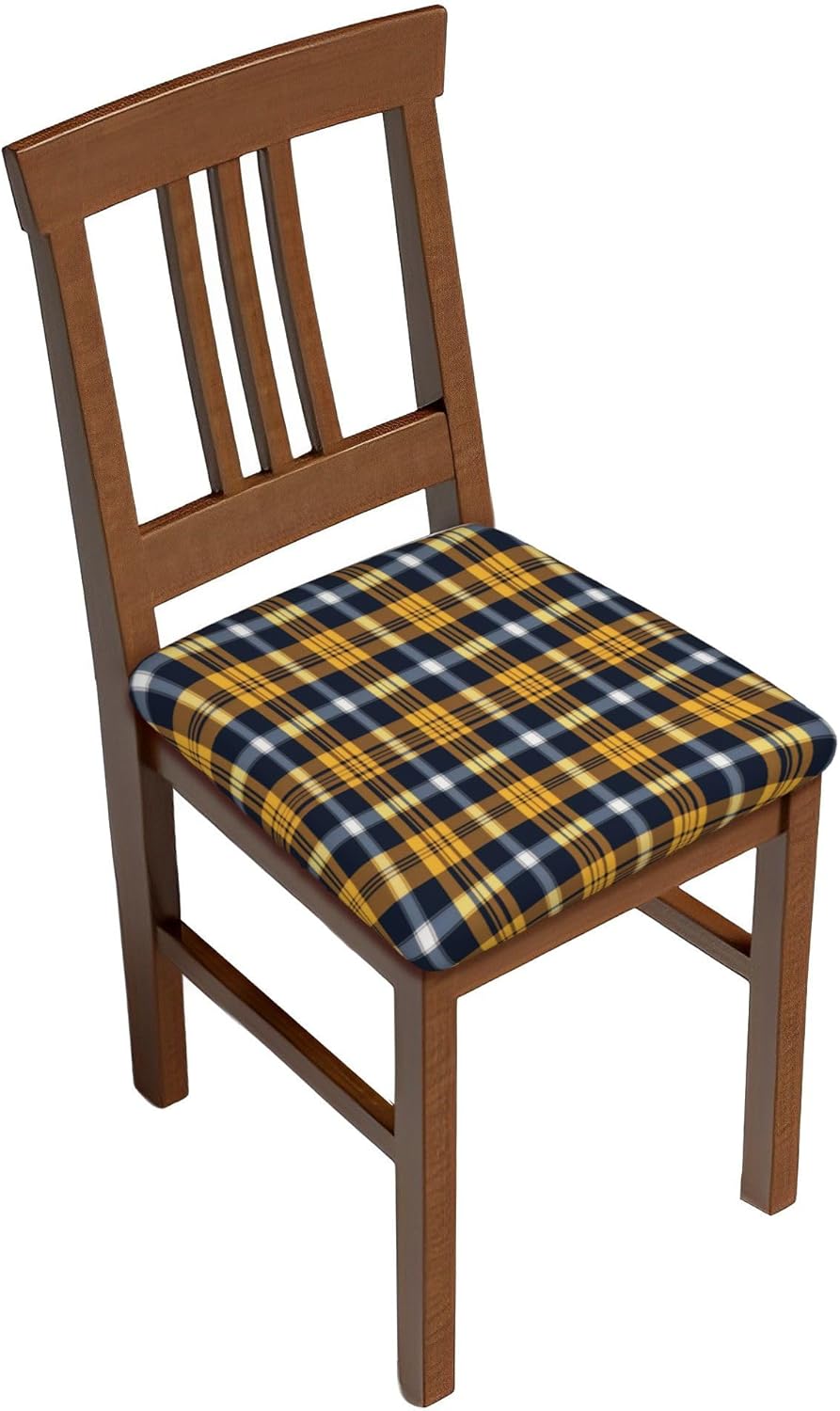 Dining Chair Seat Covers Set of 4, Blue Mustard Gingham Check Print Chair Seat Covers Stretchable Dining Room Seat Covers Kitchen Chair Protective Covers for Kitchen Hotel Office