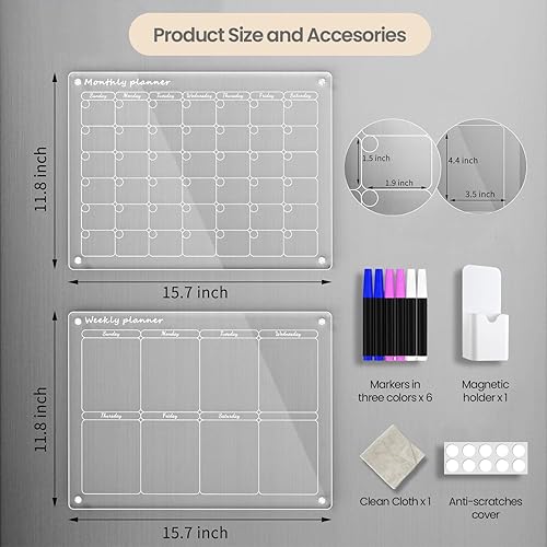 Miniatura 3 de Calendario mensual y semanal magnético acrílico para refrigerador, juego de 2 calendarios transparentes de borrado en seco para refrigerador