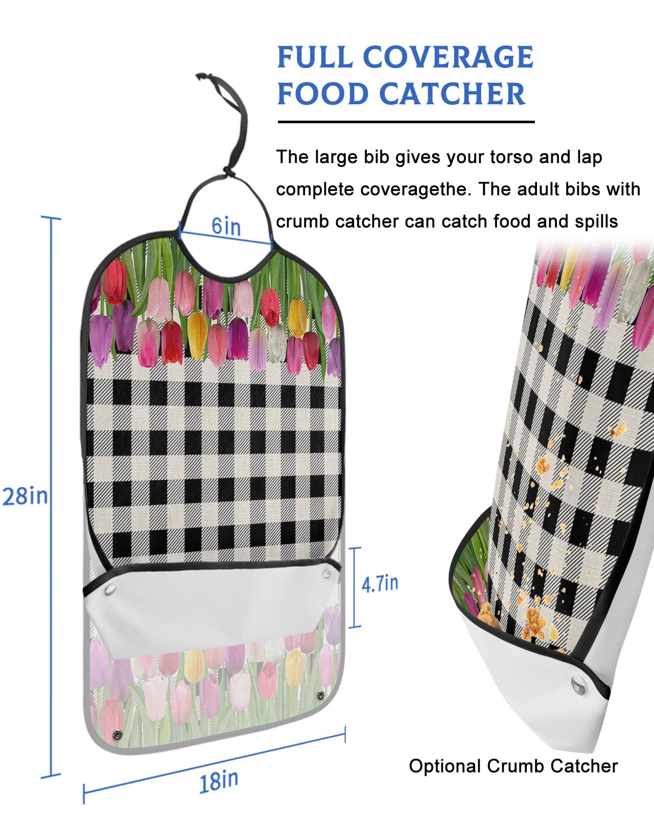 Adult Bibs for Elderly Women - Spring Tulip Flower Waterproof Dining Clothing Protectors with Crumb Catcher for Eating/Feeding, Vintage Black Checkered Floral Terry Cloth Bib Machine Washable