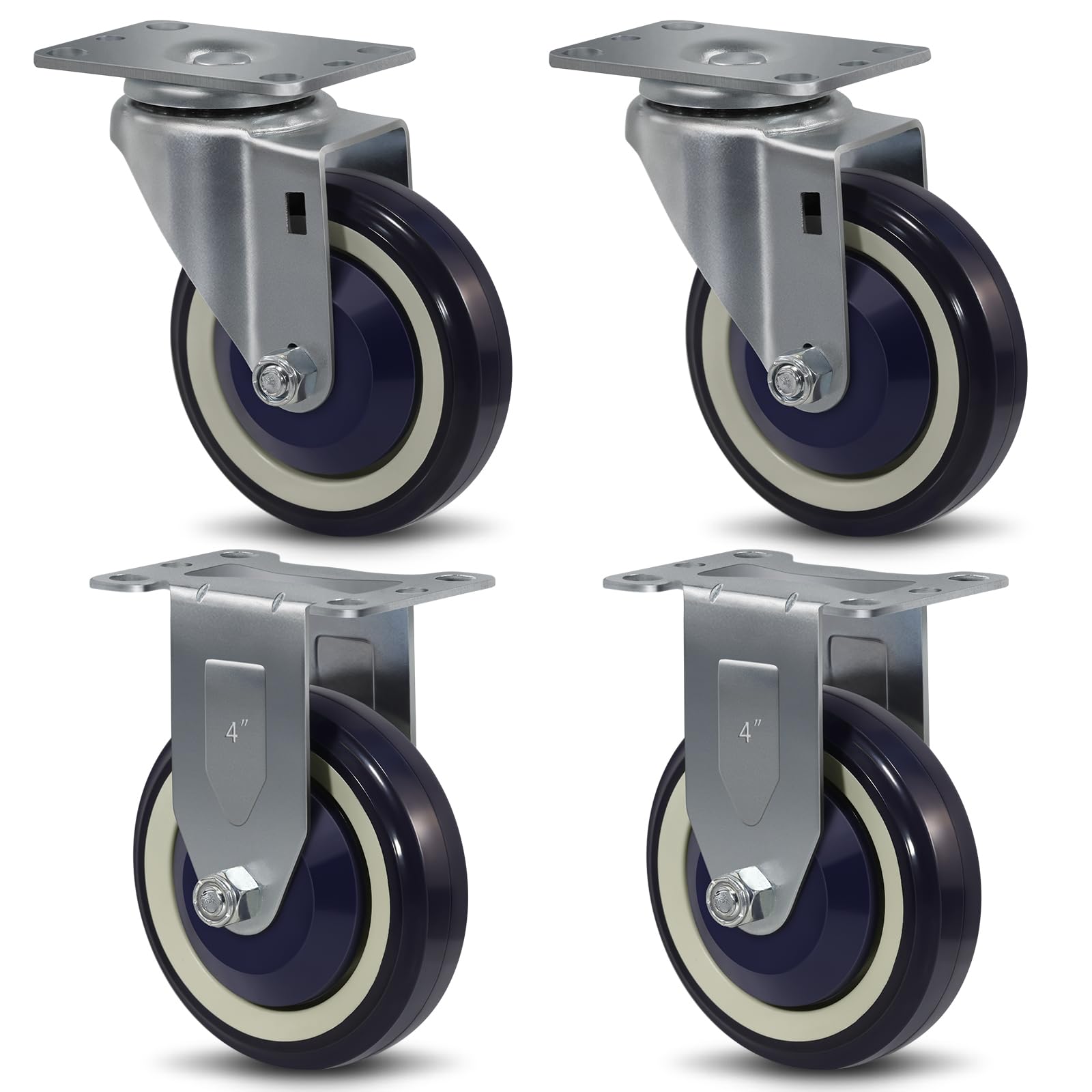 SY America 4" X 1.25"Heavy Duty Casters,2 Rigid & 2 Swivel,Polyurethane on Polyolefin Caster Set of 4, Industrial Caster Wheels for Carts,1200 lbs