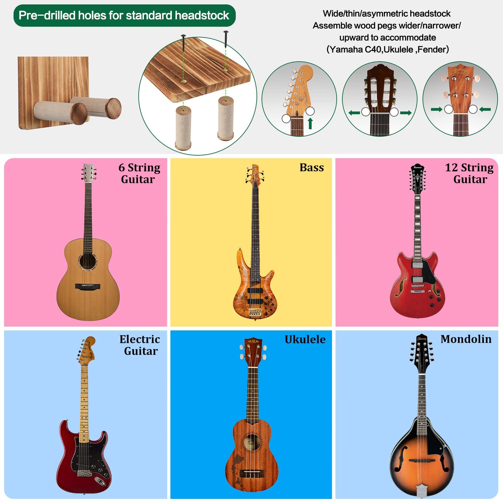 VINCOURNA Guitar Wall Mount with Shelf,2Pack Wooden Guitar Holder Hanger Hook Multifunctional Rack Bracket Stand Easy Install for Electric Guitar Bass Acoustic Ukulele Violin Mandolin-Carbonized Black - Image 4