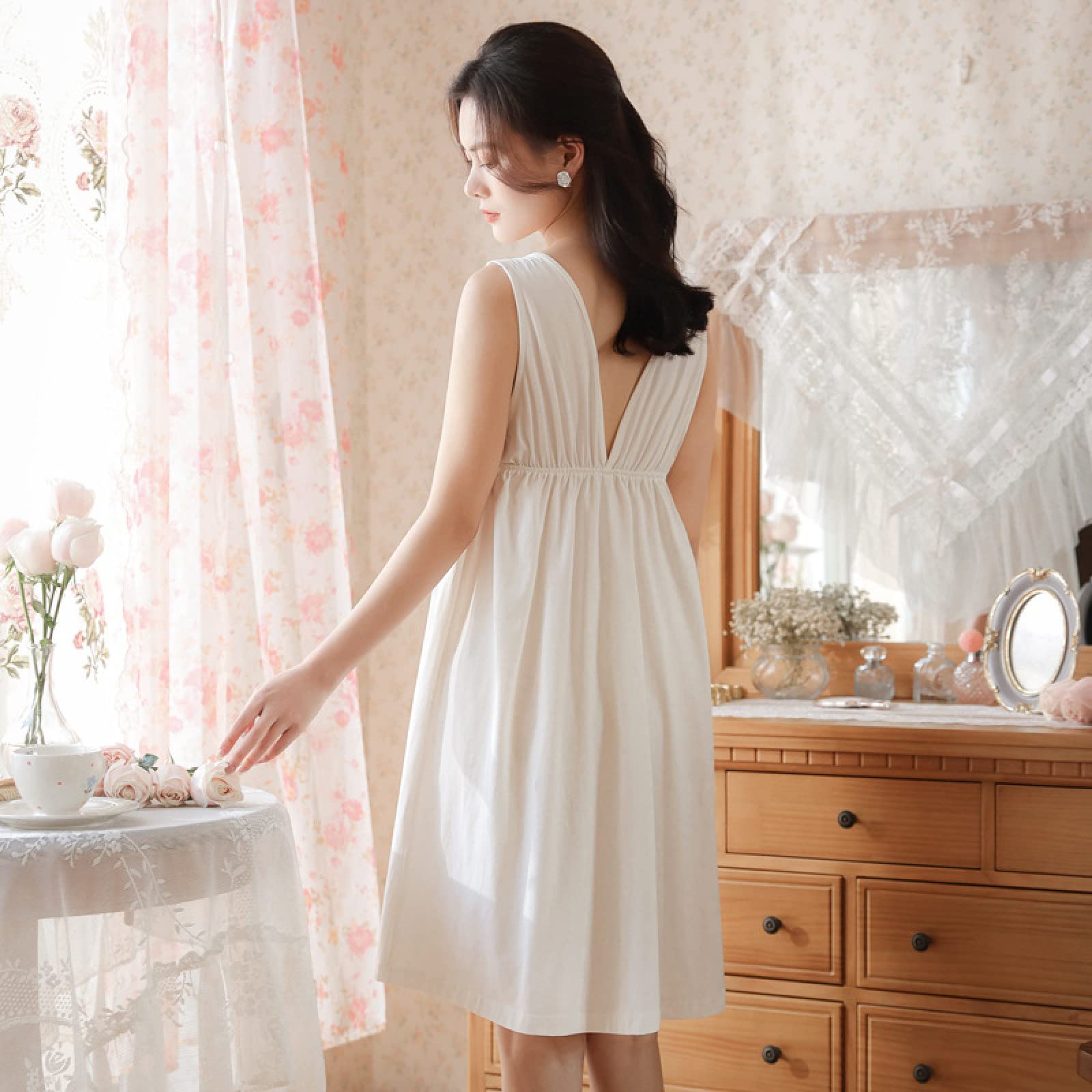 OFFSUM Camicia da Notte Donna - Camicia da Notte Vintage in Stile Principessa con Bretelle Bianche Senza Maniche in Pizzo con Ricamo Elegante Sexy in Cotone