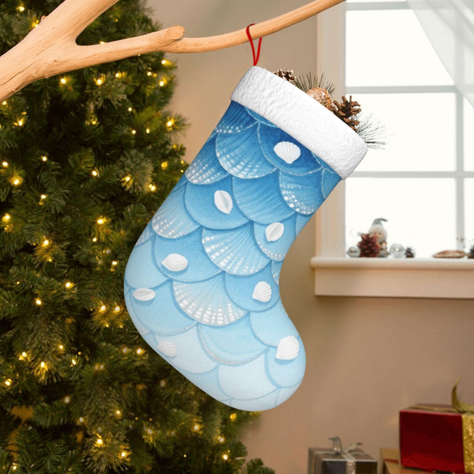 Velvet Christmas Stockings 17.7 Inch, Fish Scale Pattern Xmas Stocking with Soft Cuff,Classic Personalized Christmas Tree Decoration for Family Holiday New Year Party Supplies