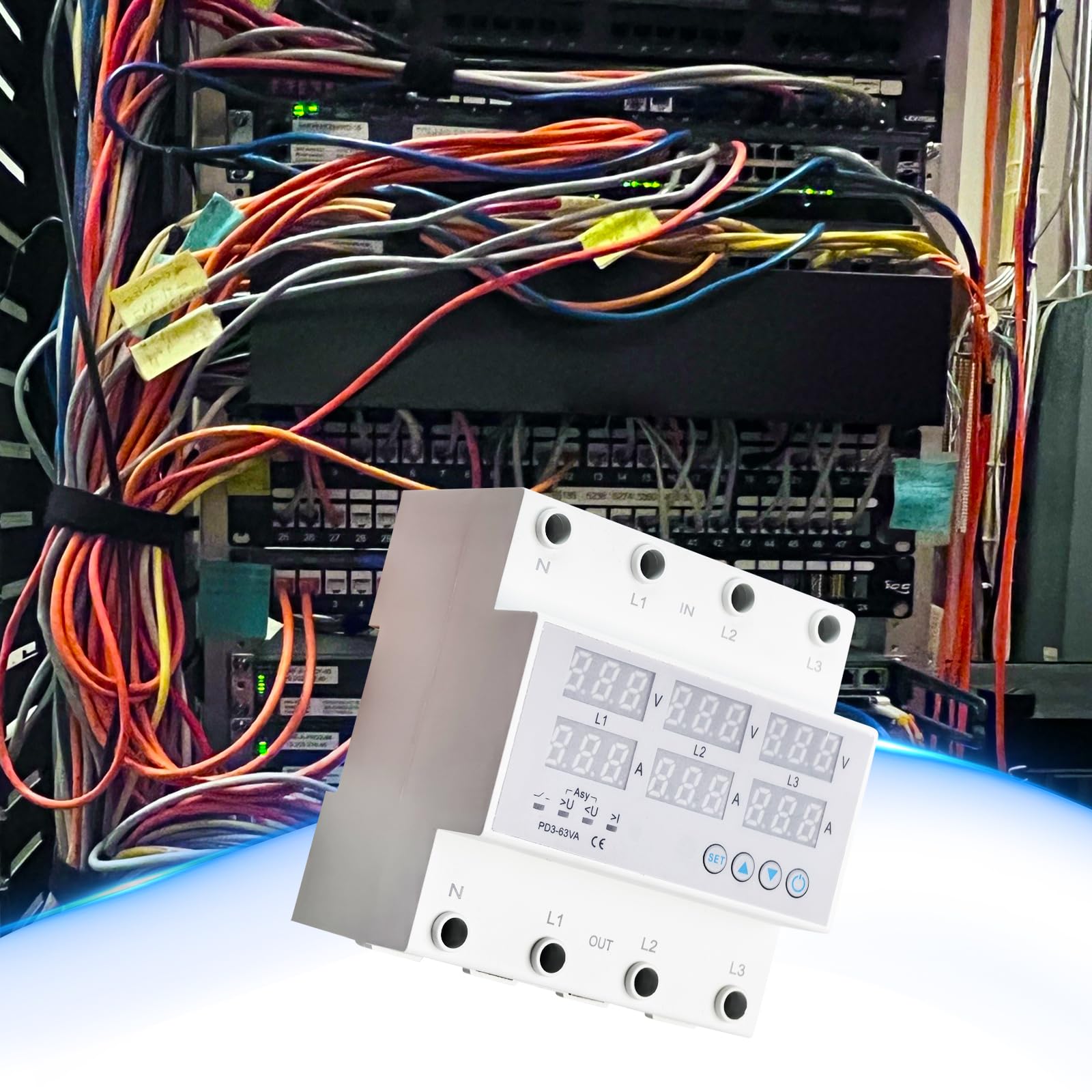 3 Phasen DIN Schienen Voltmeter, Digitales Spannungsüberwachungs Sequenzrelais Stromzähler AC 80-300V 63A, Amperemeter Hutschiene Überspannungs Überstromschutz Automatische Rückstellung Digitalanzeige