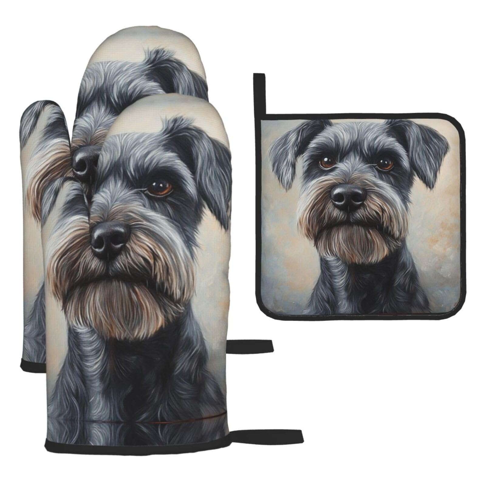 Oven Mitts and Pot Holders Set of 3 Heat Resistant Non-Slip Kitchen Gloves Hot Pads Schnauzer Mittens Non-Slip Potholders for Cooking Baking Grilling BBQ