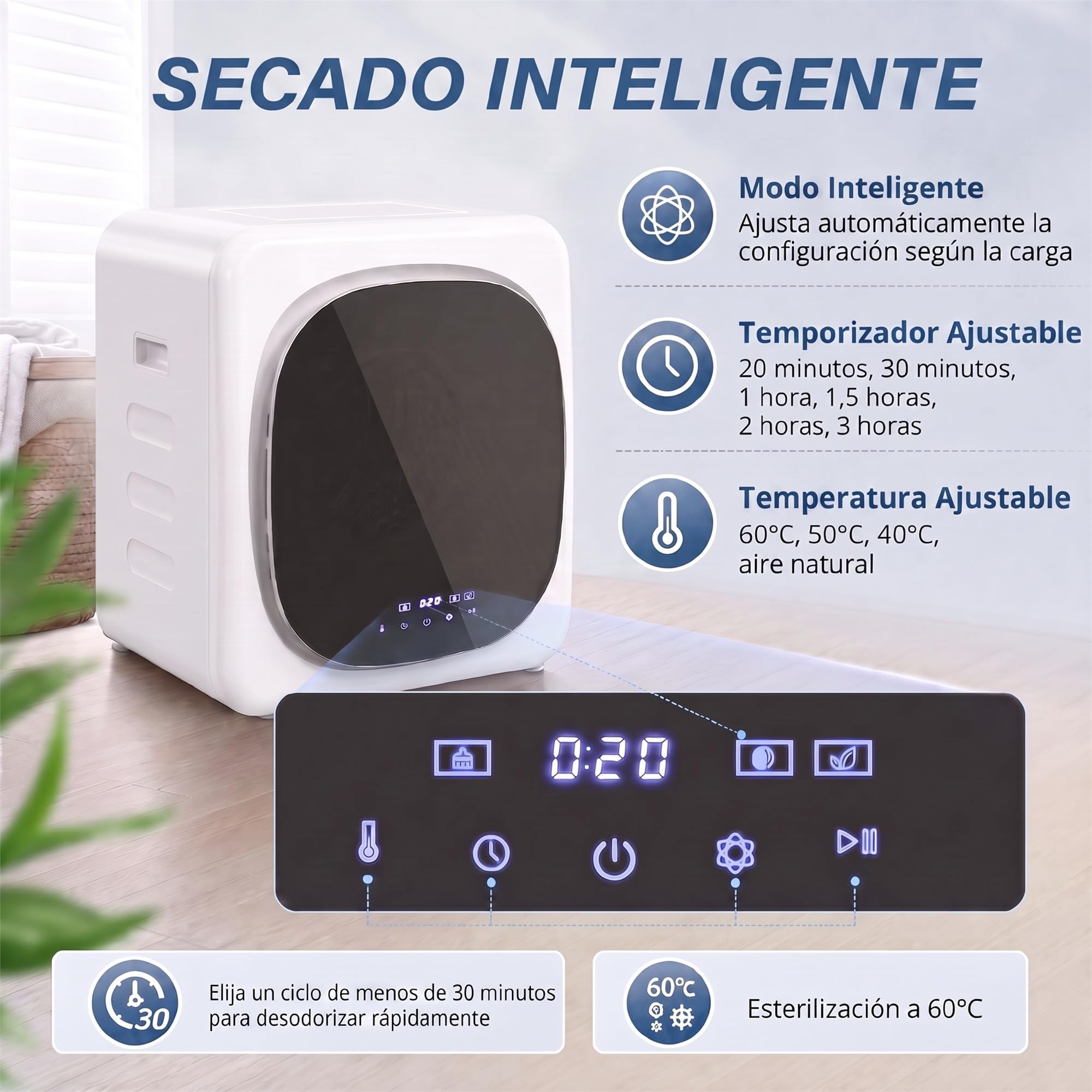 HOMCOM Secadora de Evacuación 3 kg Compacta 800W Pantalla Táctil Blanco