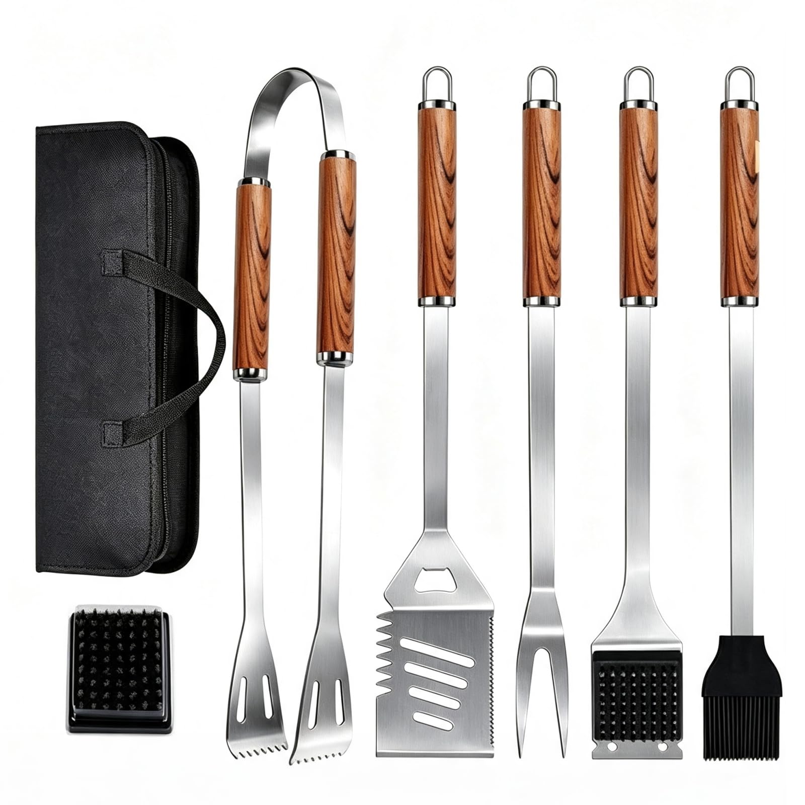 7 Piece BBQ Tools Set, Heavy Duty Stainless Steel BBQ Accessories with Storage Bag, Long-Handled Grill Tools with Spatula, Tongs, Fork, Basting Brush & Grill Brush for Outdoor Cooking, Camping & Gifts