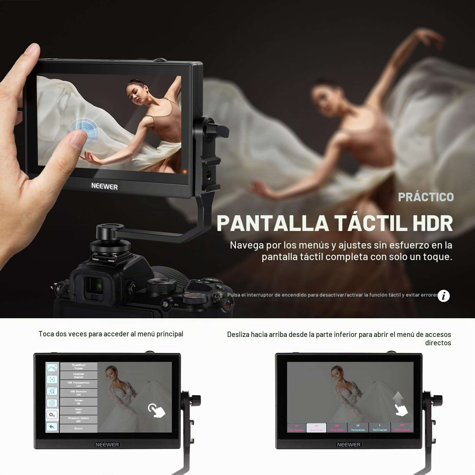 NEEWER F500 5.5 Inch Camera Field Monitor, HDR Touchscreen con 3D LUT, Monitor de Campo para Cámara Full HD 1920x1080 IPS 4K HDMI Loop In/out DSLR Video Peaking Focus Assist, Brazo, Batería y Cargador