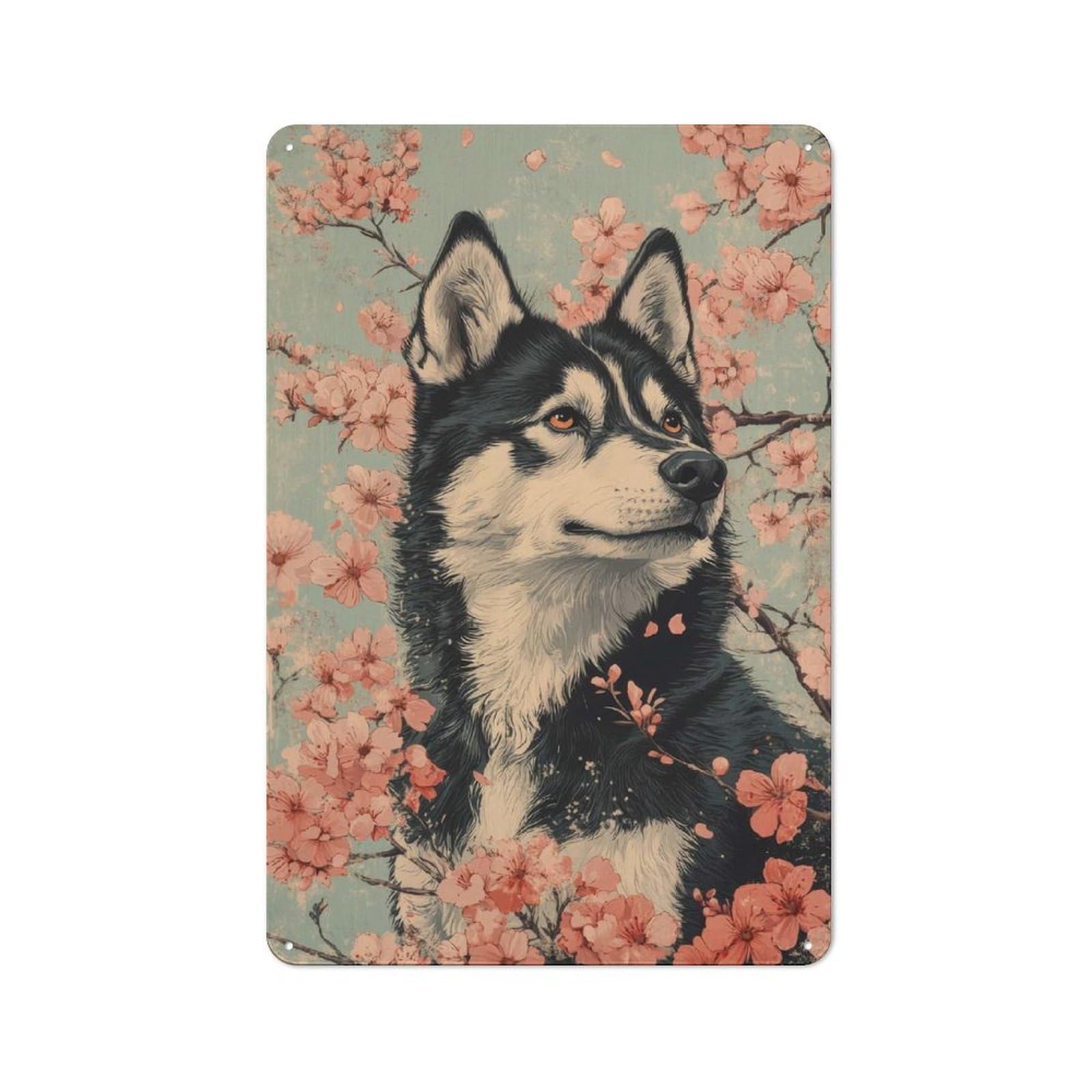 Junmoney Husky In Cherry Blossoms Husky Dog Cherry Bl Simple Retro Tin Sign 30X20cm Featuring Ossom Floral Art, Studio Wall Plaque For Office, Study, Studio Or Hallway