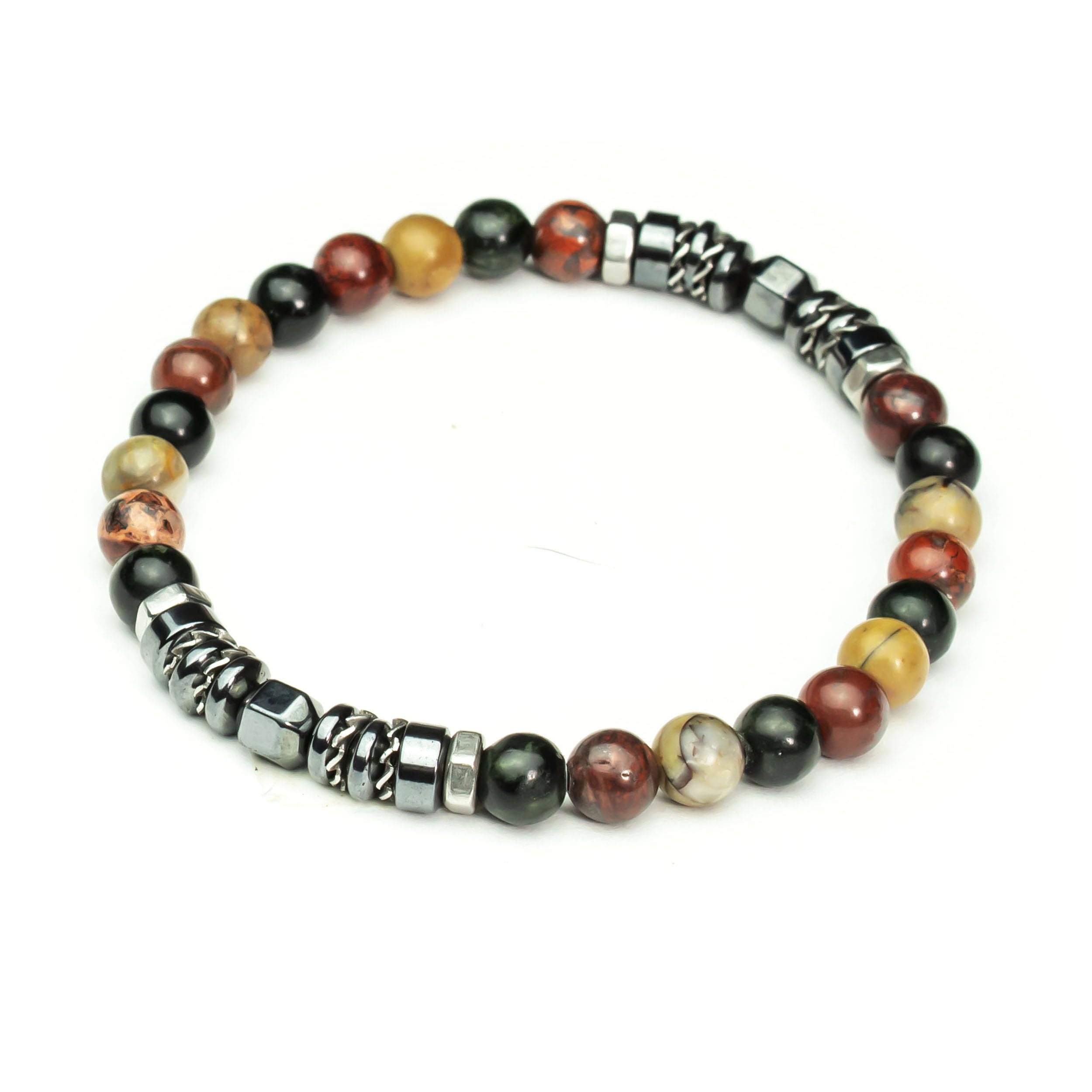 New! Bracelet Modèle style Tibétaine pour Homme ou Femme perles 6 mm pierre Jaspe/Jasper Picasso rondelles Hématite acier inox fait main en France