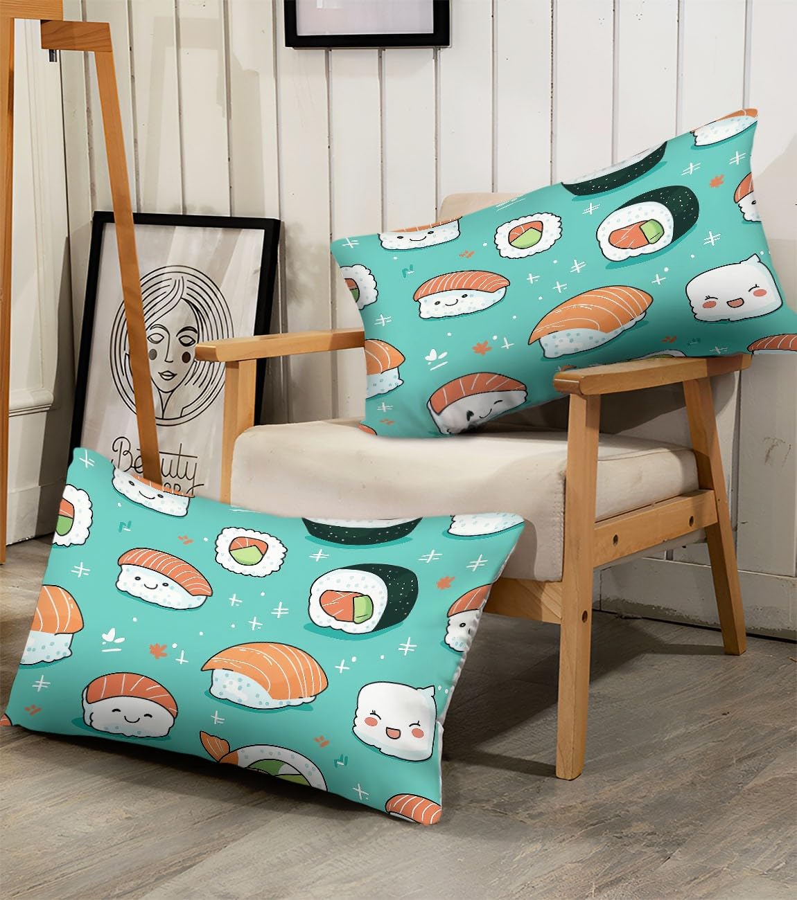 Parure de Lit Imprimée Sushi Kawaii Turquoise, Housse de Couette 200x200 cm + 2 Taies d'Oreiller 65x65, Microfibre Confort Résistant aux Taches Facile à Entretenir, Set Complet pour 2 Personnes