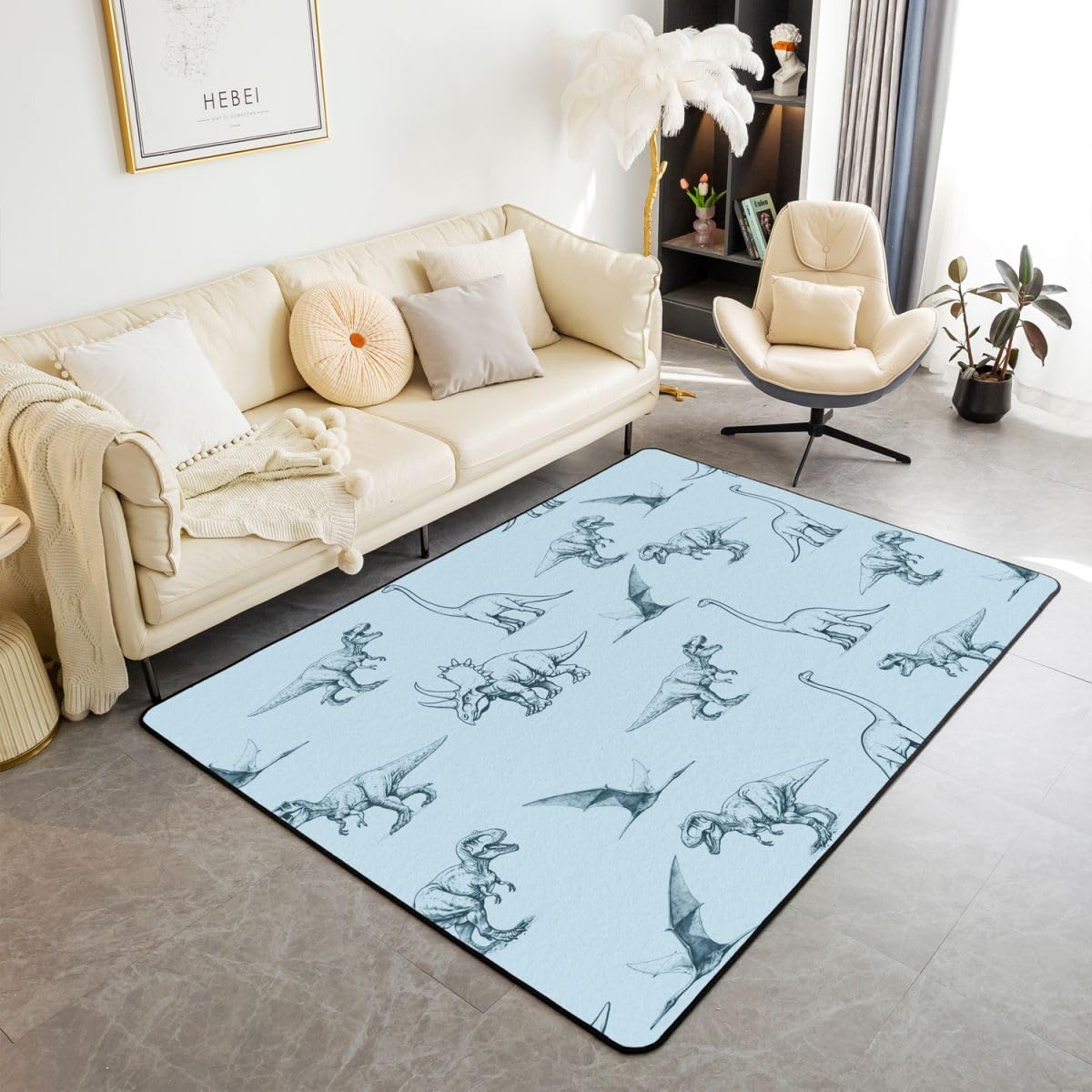 Homewish Jura Teppiche Wohnzimmer Dinosaurier Rug Pflegeleicht Flugsaurier Handgezeichnet Triceratops Teppich 100x150 Einfache Linienzeichnung Blaugrün Carpet Living Room