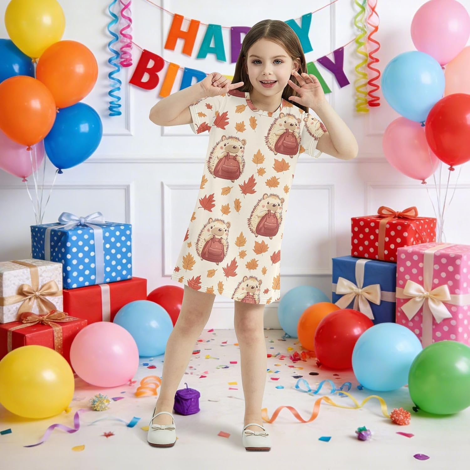 Hedgehog with Bag Girls Dresses Summer Dresses for Girls with Cotton Short Sleeves for Casual a Line Dress Size 2-8Y