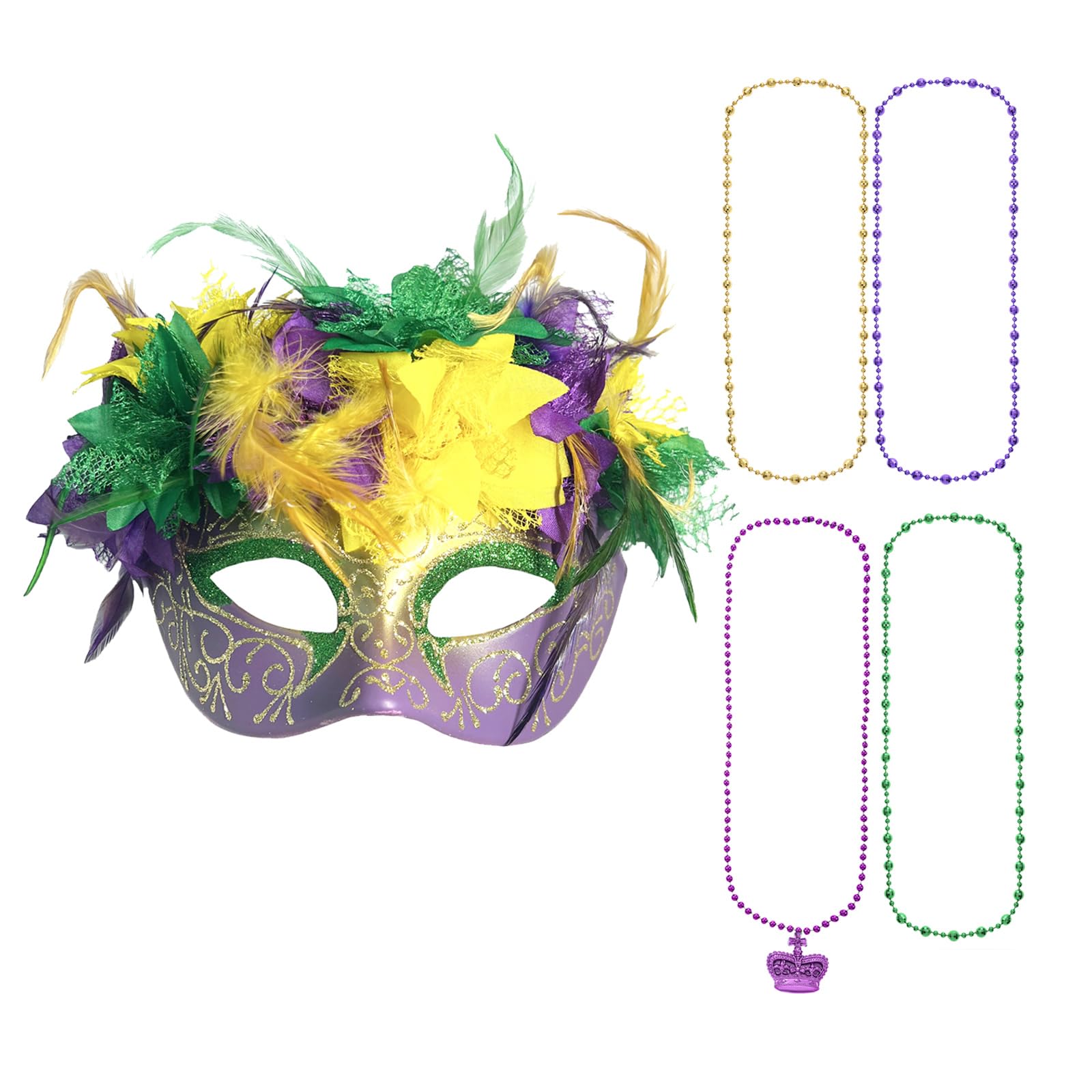 REU GLOBAL Mardi Gras Outfits Mask with Beads Necklace Sets for Women Men Party Parade Costume Accessory