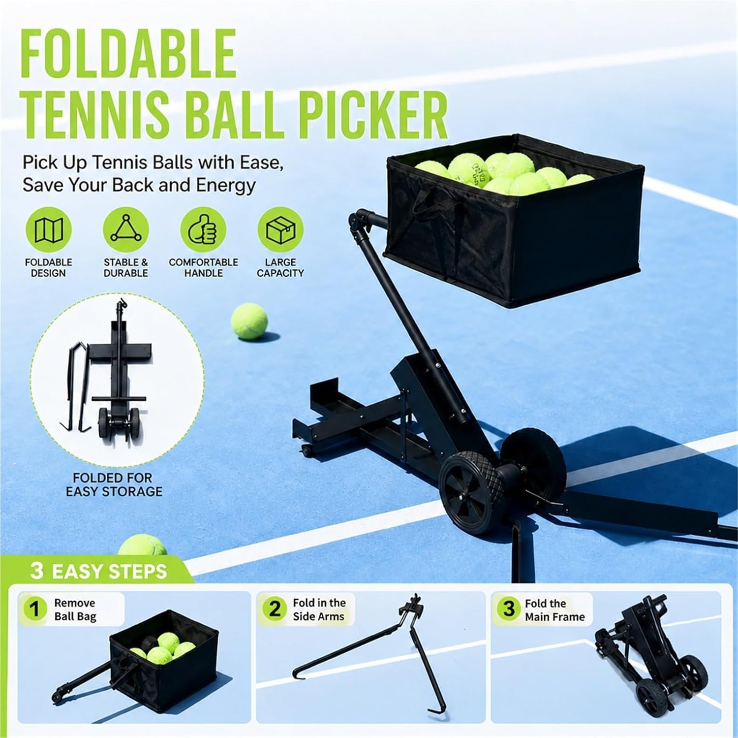 Raccoglitore di Palline da Tennis, Raccoglitore Portatile di Palline da Pickleball, capacità 120 Palline, Ruota Girevole A 360°, Carrello Pieghevole per Una Facile Raccolta, per Allenamento E