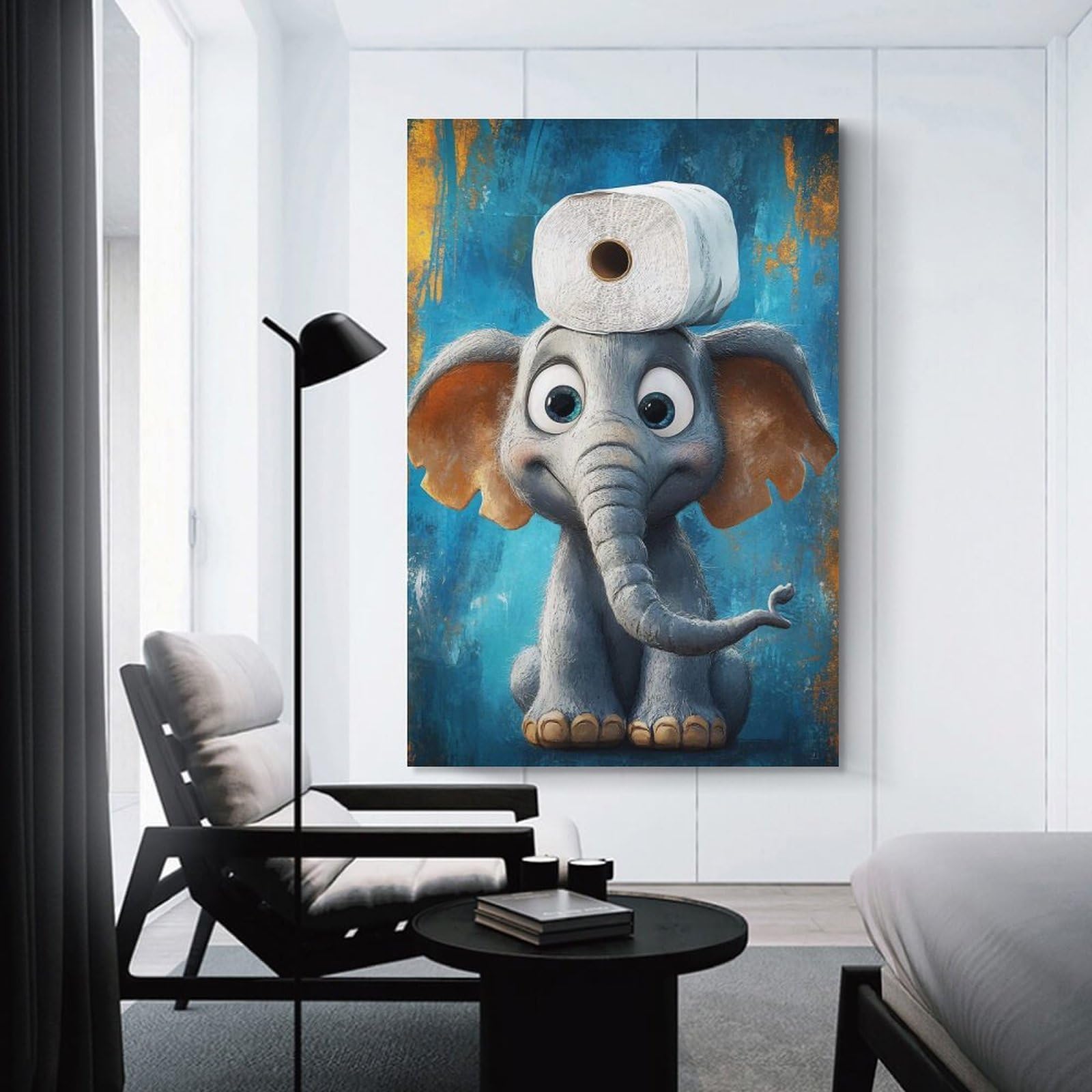 Junmoney Cute Elephant with Toilet Paper Canvas Art Print 12x18inch(30x45cm), for Calm Bedrooms, Home Corners Or Flats, An Easy Wall Refresh for Bedrooms