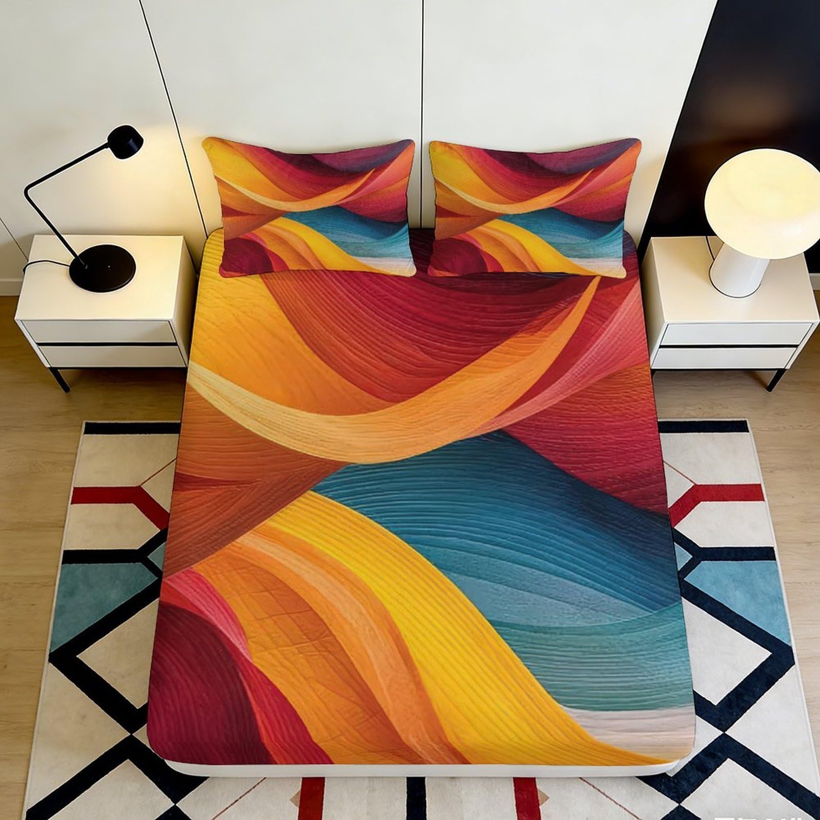 3D Printed Abstract Wave Fitted Sheet Microfiber Colorful Flow Mattress Cover for Bedroom Guest Room Decor 180x200x25cm
