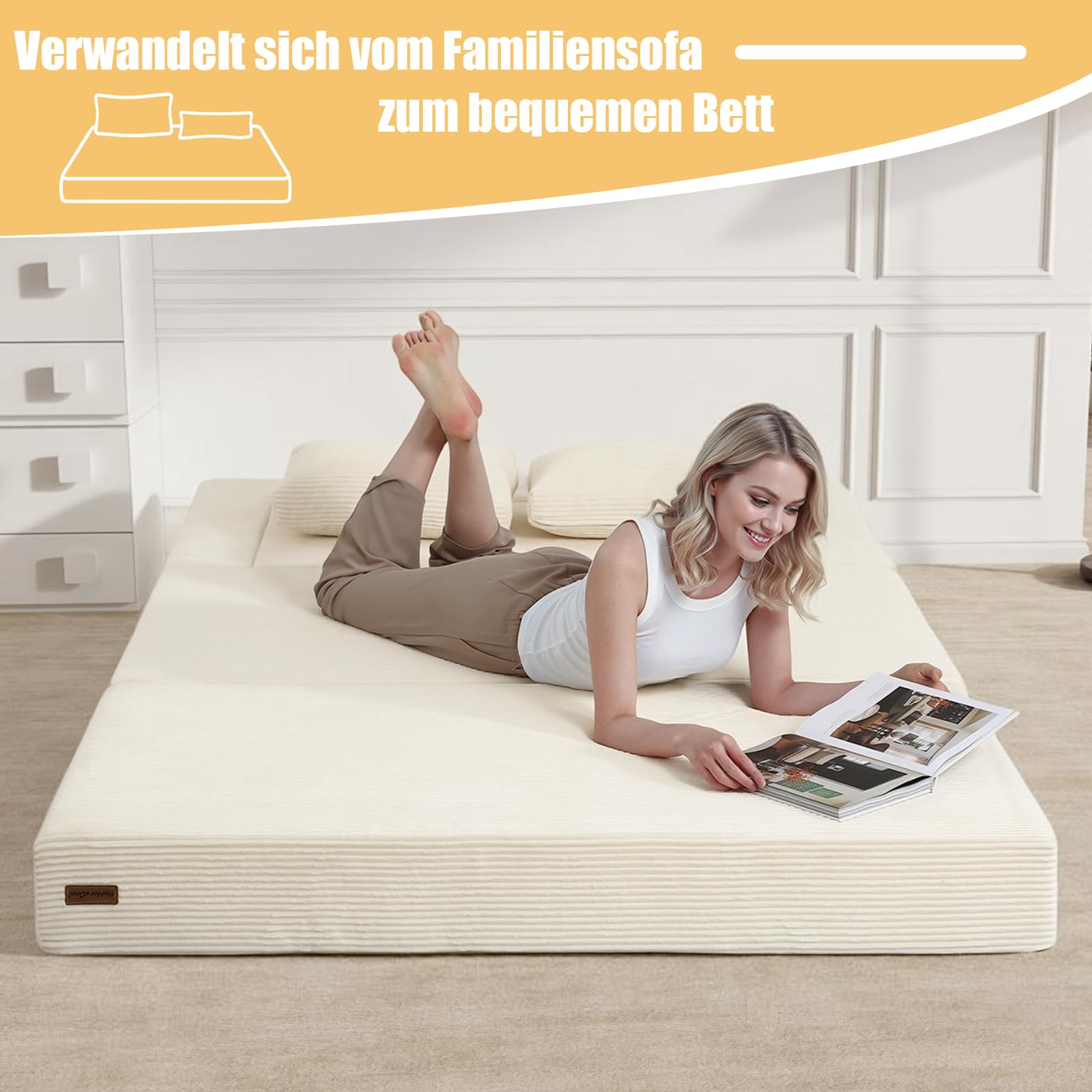 MeMoreCool Boneless Futon-Schlafsofa, faltbares Bodensofa mit Kissen, klappbares Cord-Schlafsofa, ausklappbares Zweisitzer-Sofa für Wohnzimmer und kleine Räume, Beige