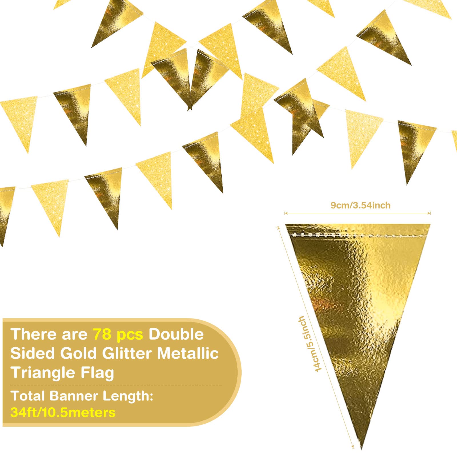 Bandierine Decorative A Triangolo 9 Metri - Oro Champagne Con Glitter E Metallizzato, 78 Pezzi Per Feste E Matrimoni - 6