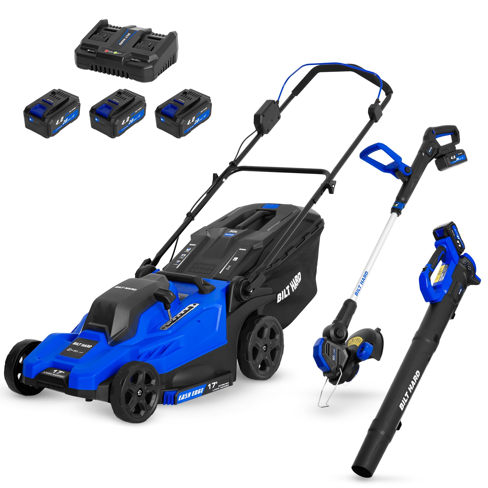 BILT HARD 17-inch 40V cordless mower trimmer blower combo set with batteries