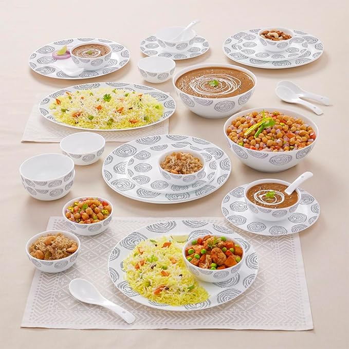 Larah By Borosil Moon Moonbeam Dinner Set- 33 Pcs, Opal Glass Dinner Plates & Bowls Crockery Set for Dinning, White