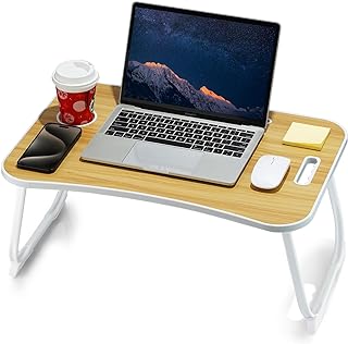 Laptop Bed Desk, Foldable Lap Desk, Portable Lap Table, Laptop Stand with Cup Holder & Tablet Slot & Lifting Handle for Working Writing Drawing & Eating - Wood