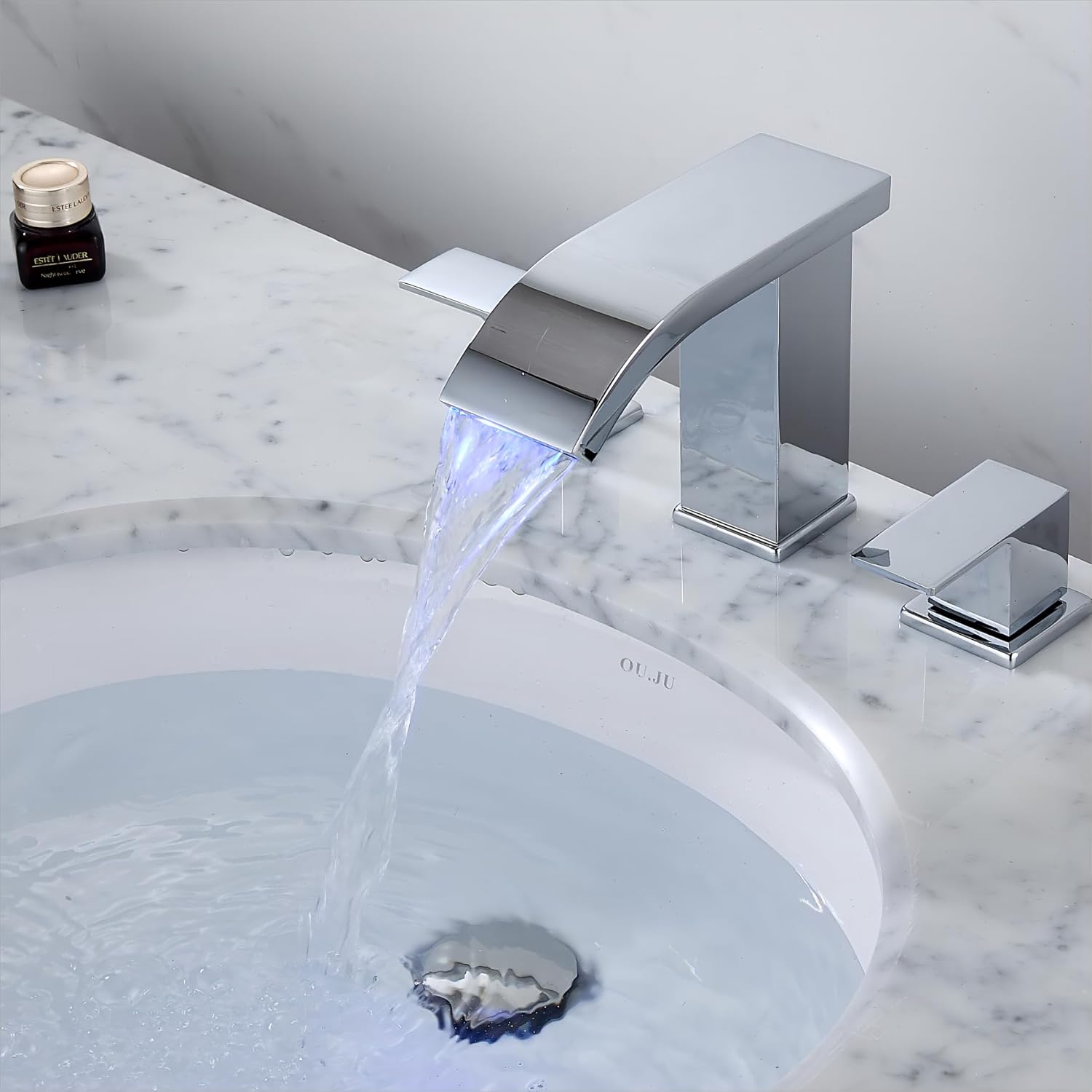 Bathroom faucets 3 Hole Widespread LED Light Bathroom Sink Faucet 8 inch Modern Bathroom Waterfall 3 Hole Vanity Chrome Faucet with Pop Up Drain(Chrome)