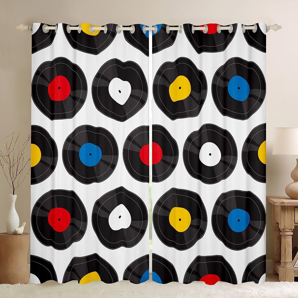 Loussiesd Tende oscuranti per camera da letto e soggiorno, con stampa a disco (30% -50%), tende oscuranti a tema musicale, 132 x 228 cm (larghezza x lunghezza)