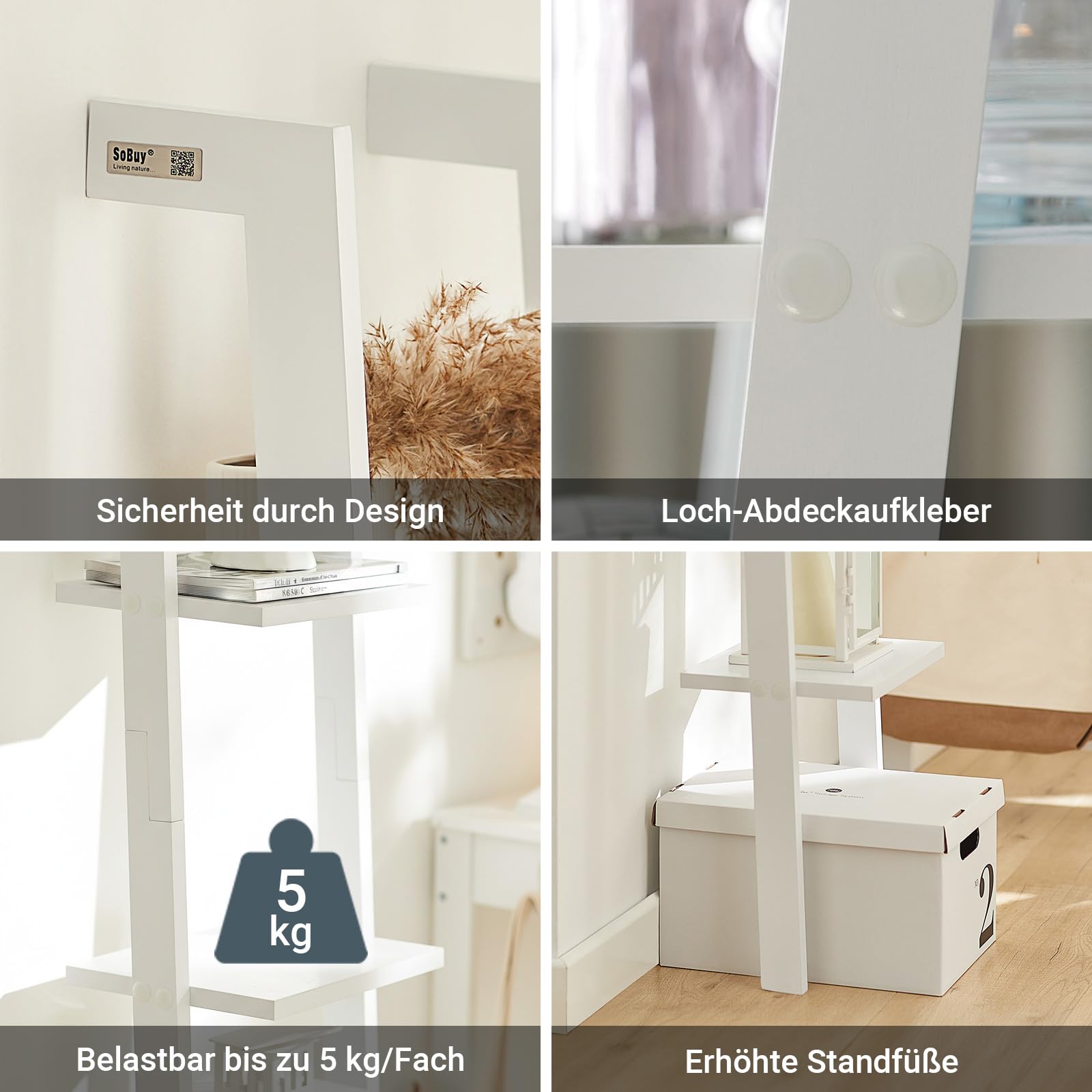 SoBuy FRG15-W Wandregal mit Vier Böden Badregal Leiterregal Standregal Bücherregal Breit: 33cm weiß