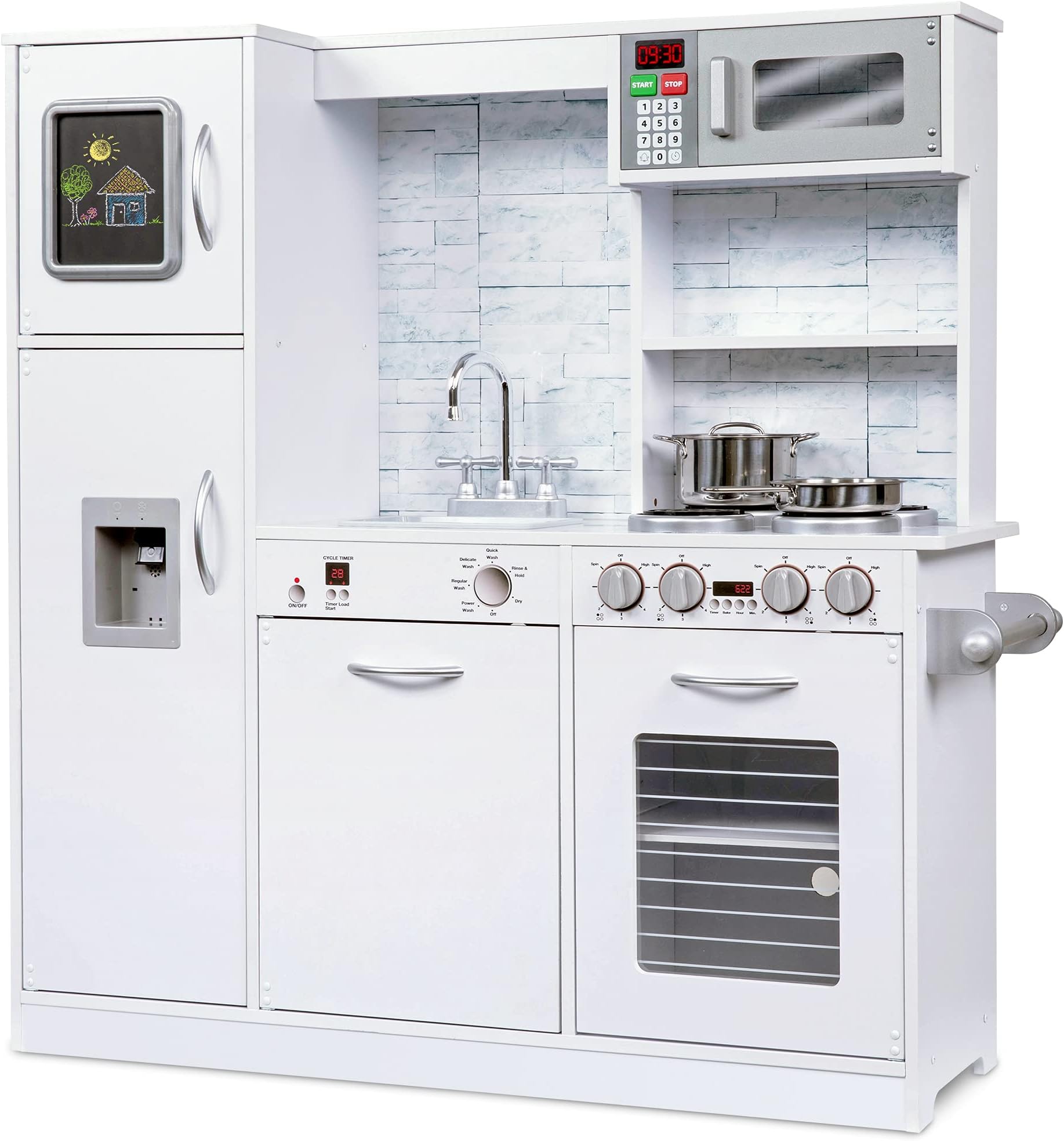 Lil' Jumbl Kids Kitchen Set, Pretend Wooden Play Kitchen, Battery Operated Icemaker & Microwave with Realistic Sound, Pots & Pan Included - White