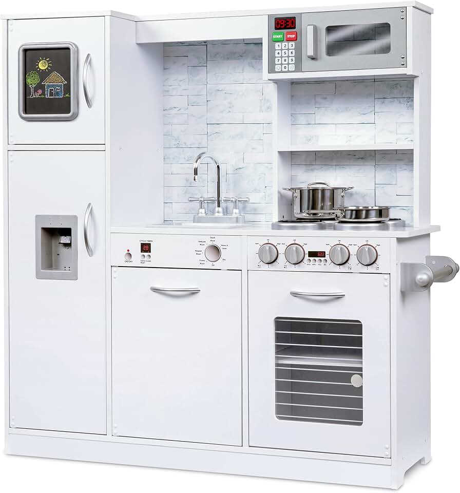 Kids Kitchen Set, Pretend Wooden Play Kitchen, Battery Operated Icemaker & Microwave with Realistic Sound, Pots & Pan Included - W