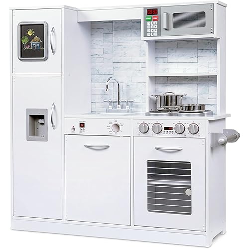 Lil' Jumbl Kids Kitchen Set, Pretend Wooden Play Kitchen, Battery Operated Icemaker & Microwave with Realistic Sound, Pots & Pan Included - White