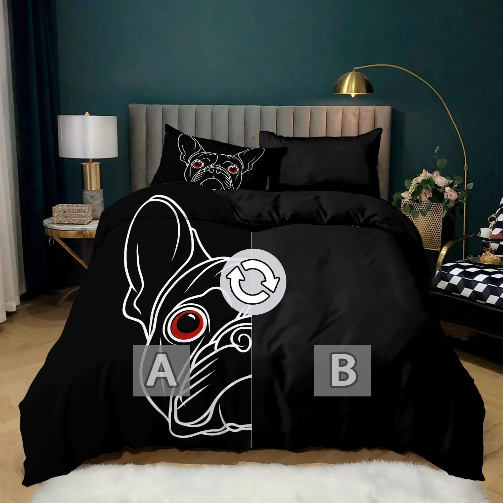 Poszwa na kołdrę 240 x 220 cm czarna dwustronna pościel dla dorosłych z zamkiem błyskawicznym, poszwa na kołdrę 2-osobowa buldog anime minimalistyczne linie, 2 poszewki na poduszki 65x65 cm