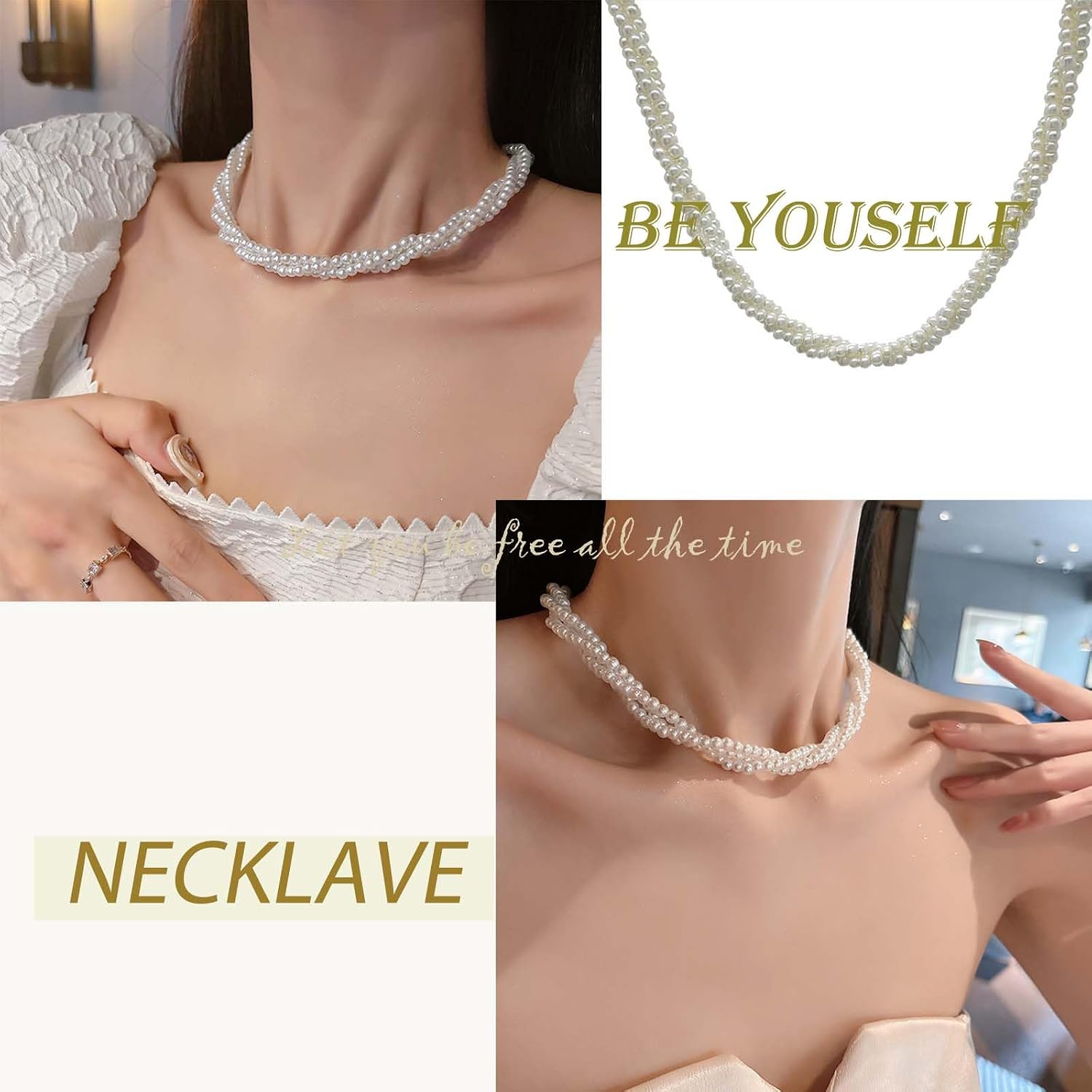 Vintage Multilayer Pearl Strand Necklace for Women Baroque Chunky Imitation Pearl Cluster Choker Necklace Layered Statement Round Twisted Pearls Necklaces Wedding Bridal Necklaces Jewelry