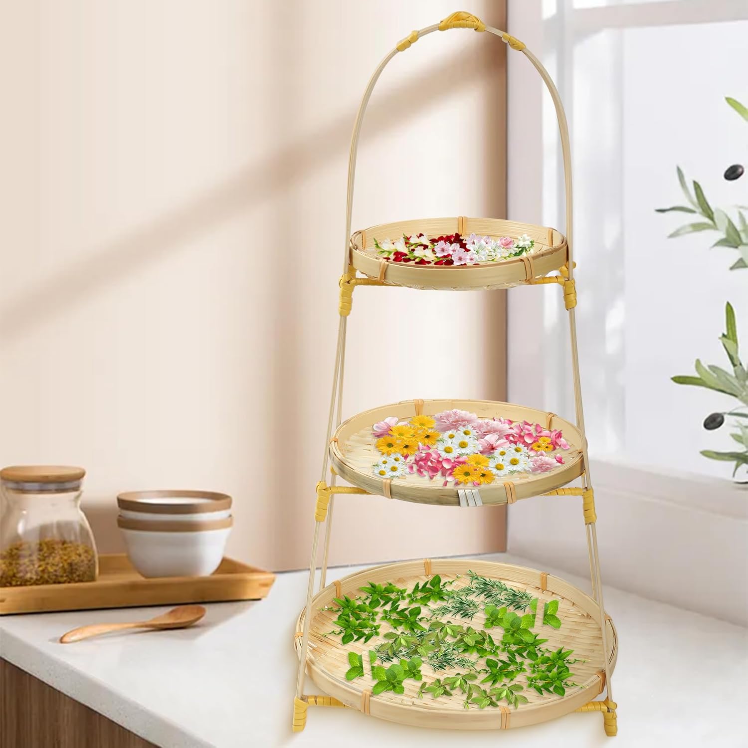 Herb Drying Rack - 3Tier Herb Drying Rack Small with Bamboo Tray, Flower Drying Racks Small Stand Countertop Kitchen with 3 Layers Removable Bamboo Mesh Trays