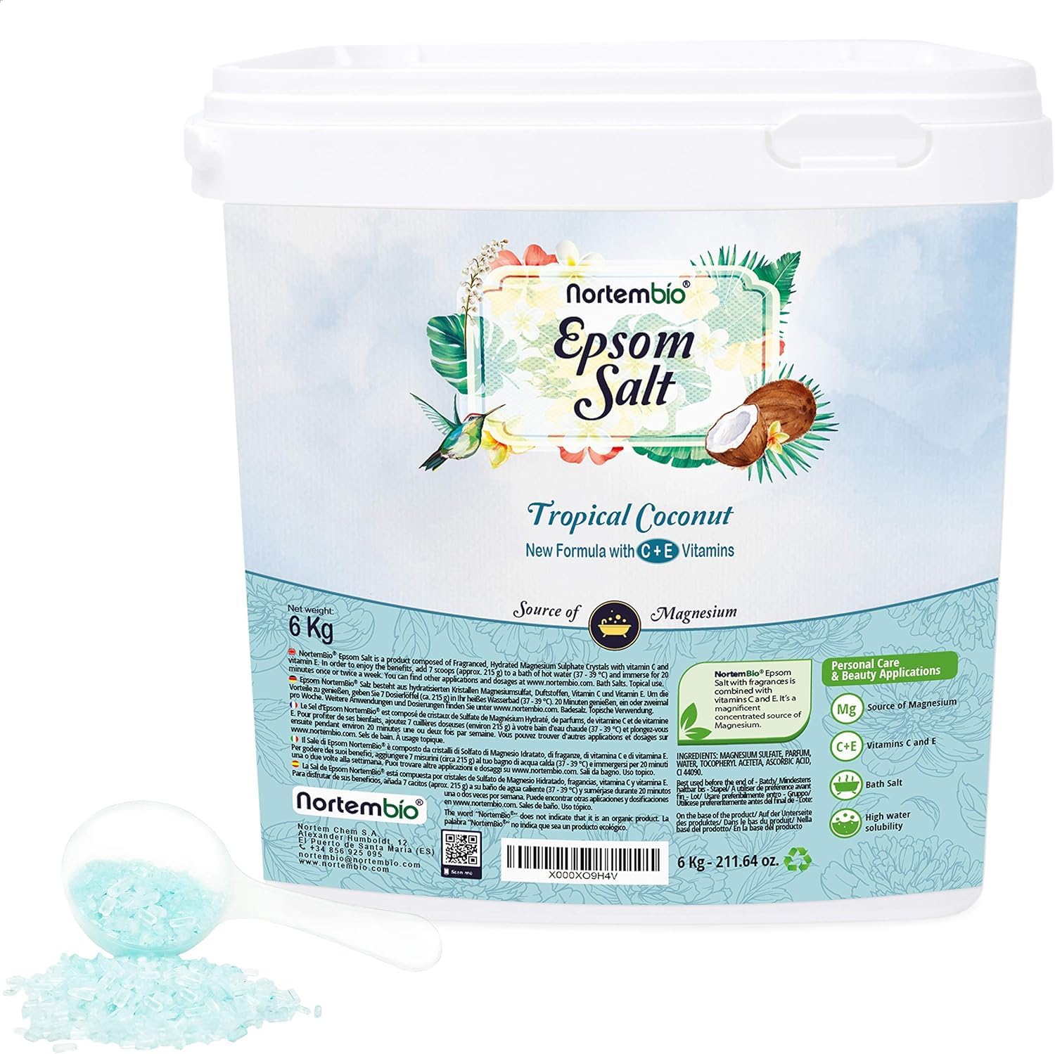 Nortembio Sels d'Epsom Parfumés 6 kg Sel de Bain au Magnésium, Vitamines C & E | Bain de Pieds, Spa Maison, Relaxation et Bien-être | Parfum au Choix + eBook Gratuit (Noix de Coco Tropicale)