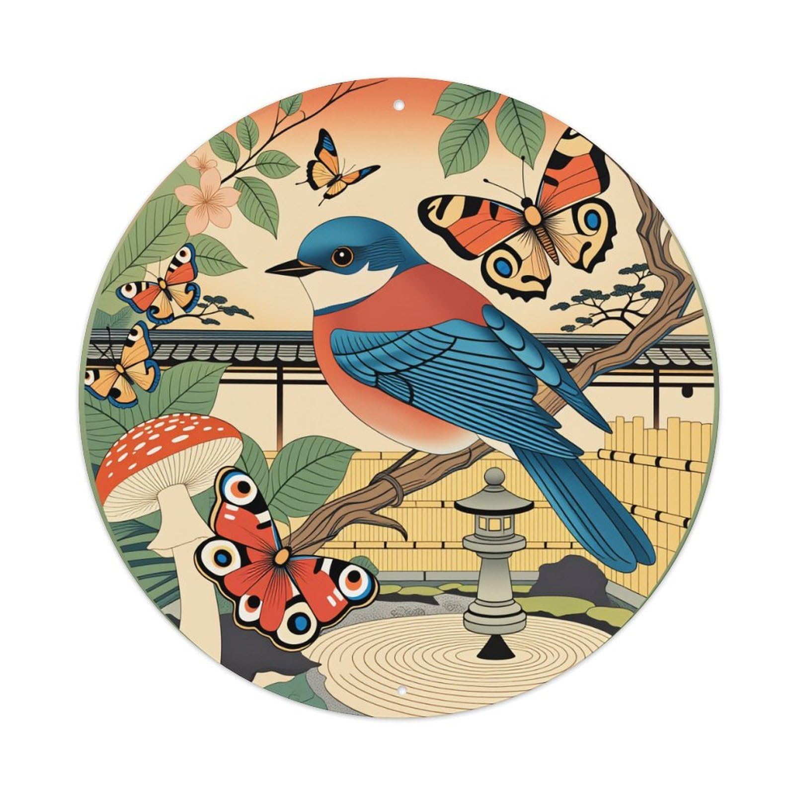Bird Butterfly Mushroom Garden Lantern Round Tin Sign Vintage Style Metal Sign Home Bar Garden Wall Plaque Decor Metal Poster 8x8 Inch